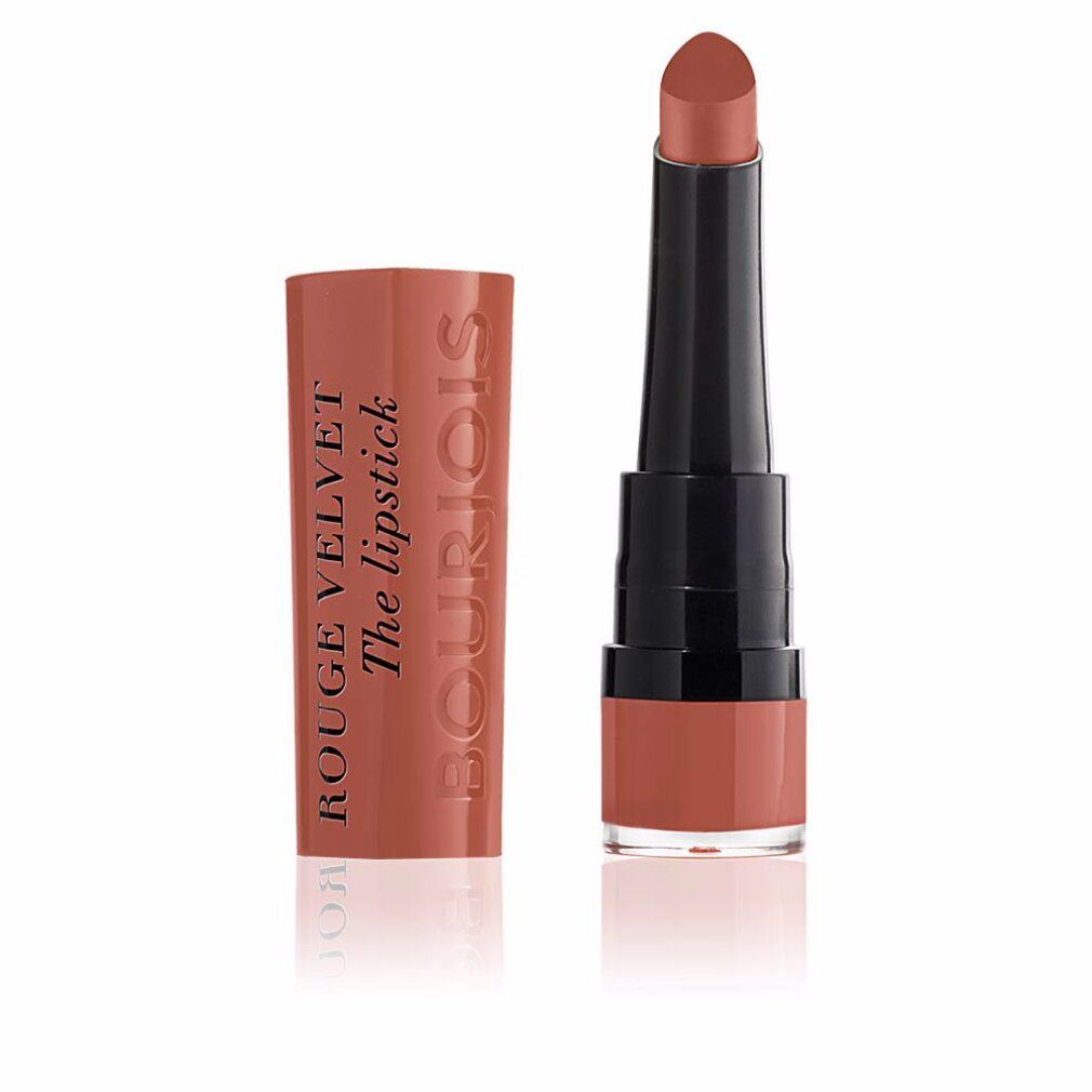 Lippenstift mit geöffneter Kappe. Aufschrift: ROUGE VELVET The lipstick BOURJOIS. Farbe: Caramelody.