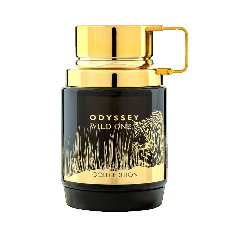 Schwarzer Flakon mit goldenem Deckel und Griff. Aufschrift: ODYSSEY WILD ONE GOLD EDITION. Abbildung eines Tigers im Gras.