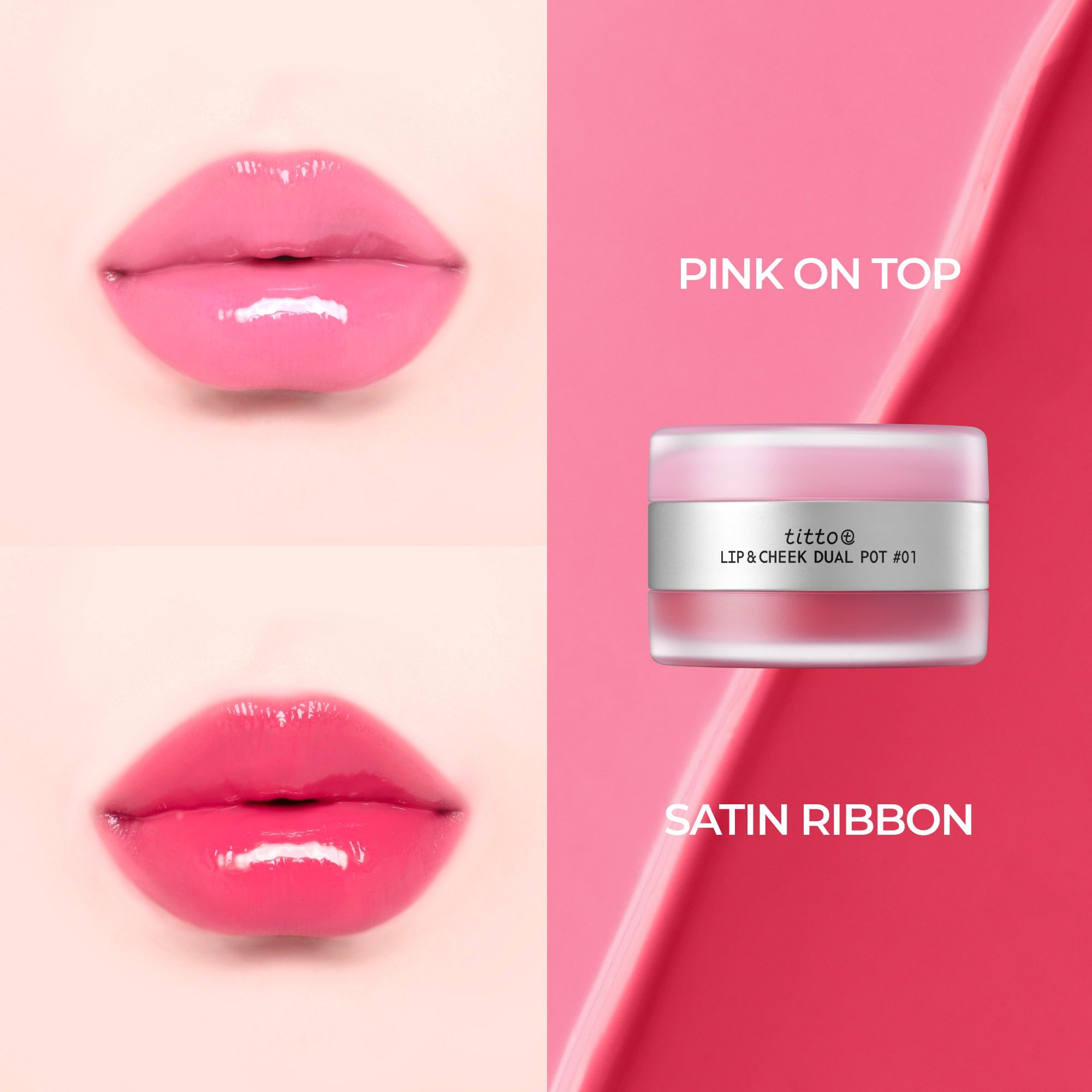 Lippen mit verschiedenen Farbtönen. Daneben ein Behälter mit „Pink On Top“ und „Satin Ribbon“.