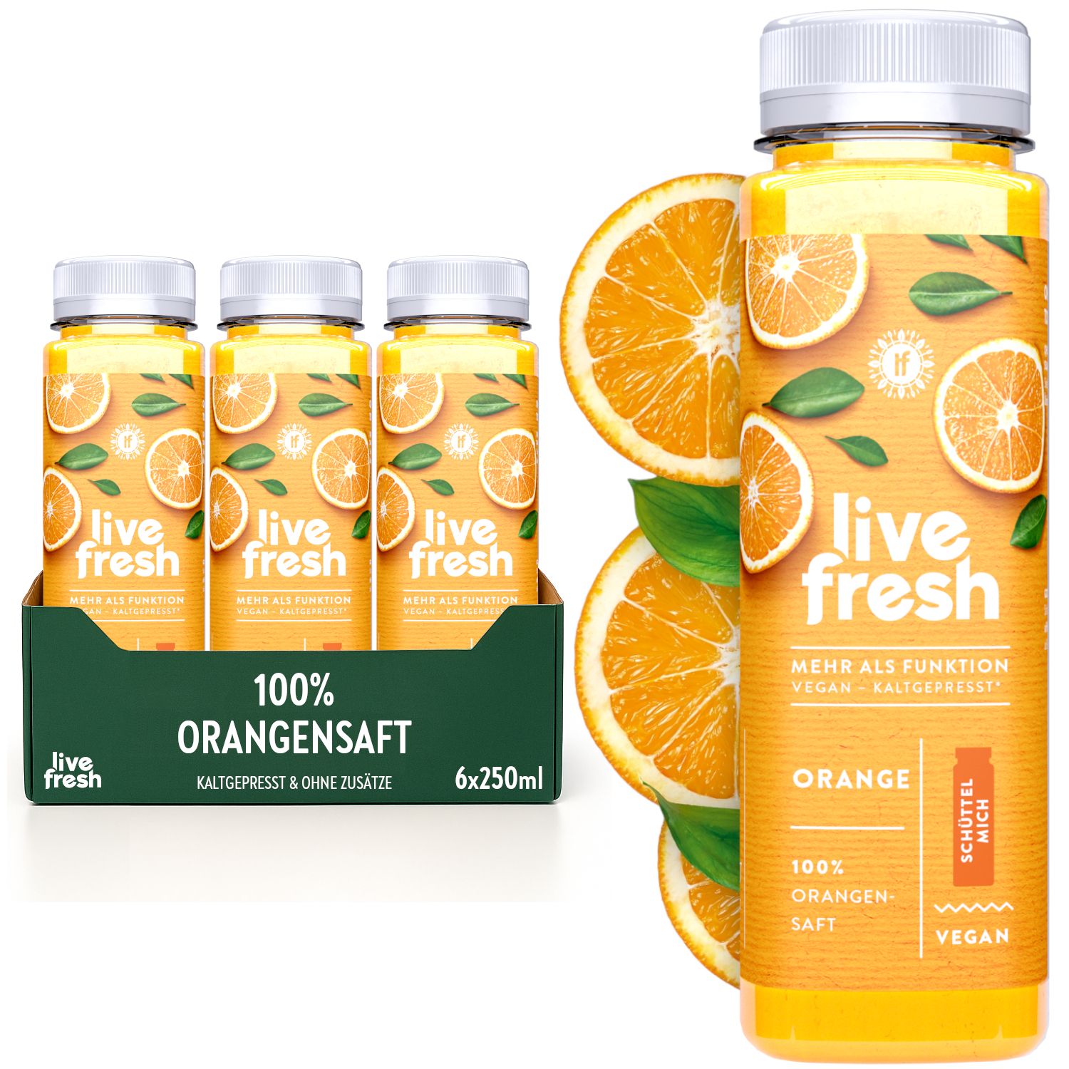 LiveFresh Orangensaft in Flaschen. 6 Flaschen in einem Karton. Aufschrift: 100% Orangensaft, vegan, kaltgepresst. Orangenstücke.