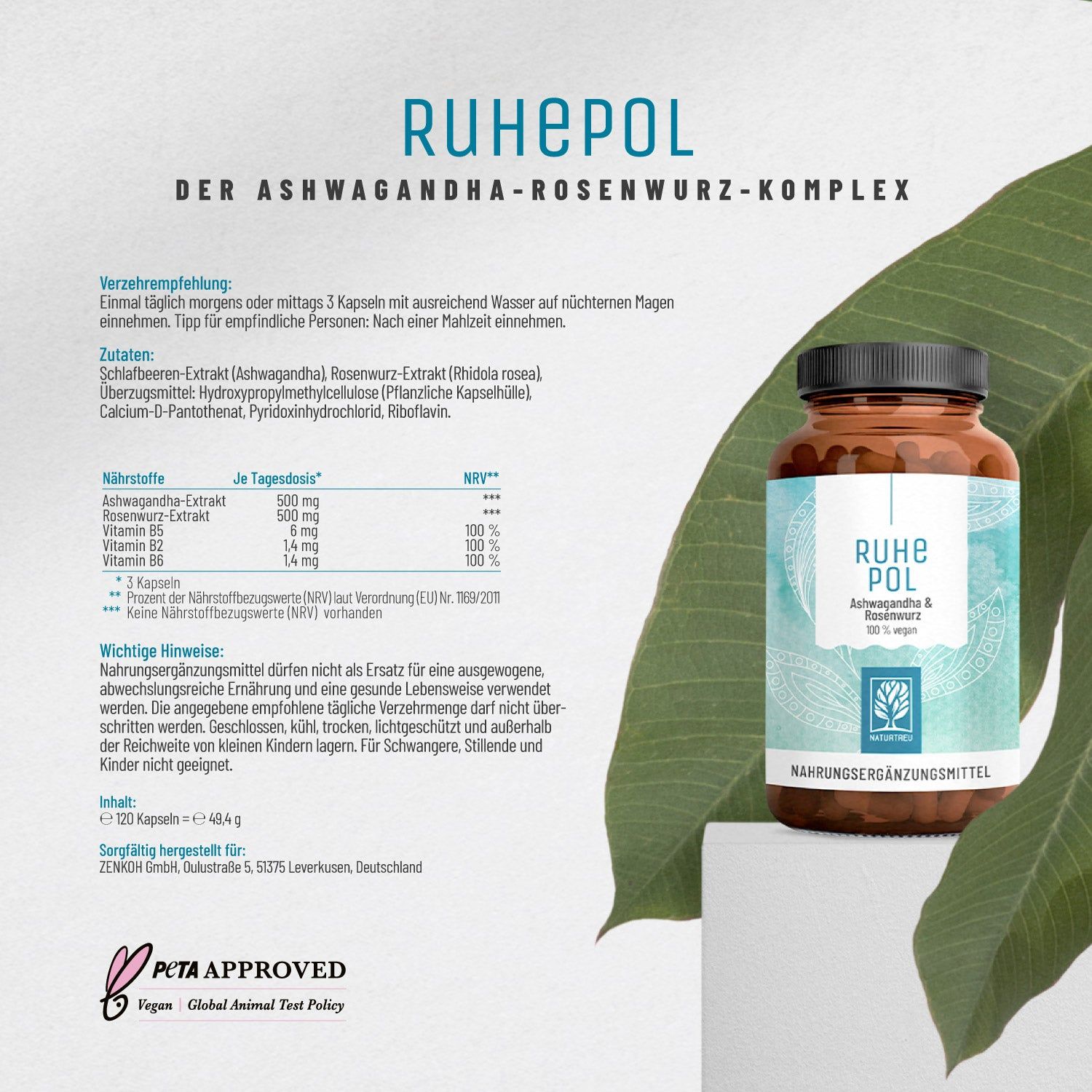 Rückseite der Verpackung von Ruhepol mit detaillierten Informationen und Inhaltsstoffen.