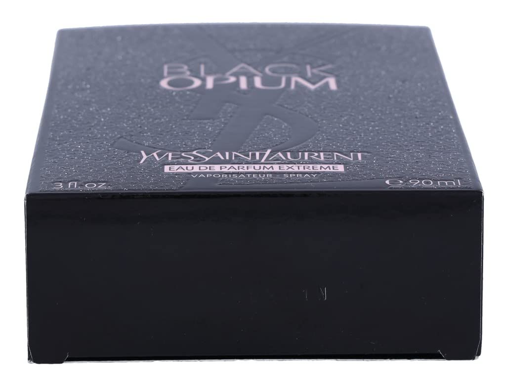 Schwarze Verpackung von Yves Saint Laurent Black Opium Extreme EdP. Ansicht von oben, Logo sichtbar.