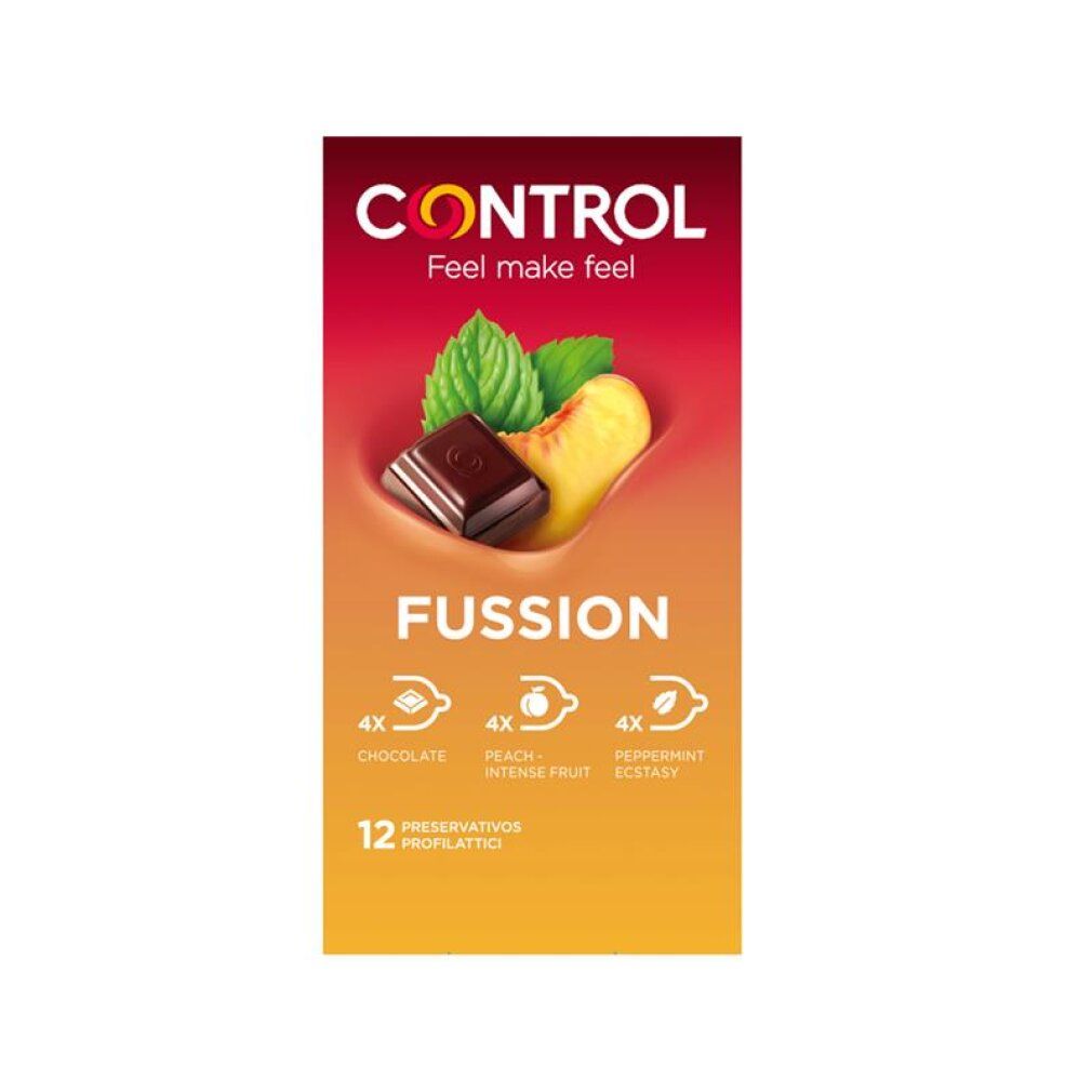 Packung Control Fussion Kondome mit Erdbeer-, Pfirsich- und Schokoladenduft. 12 Stück.