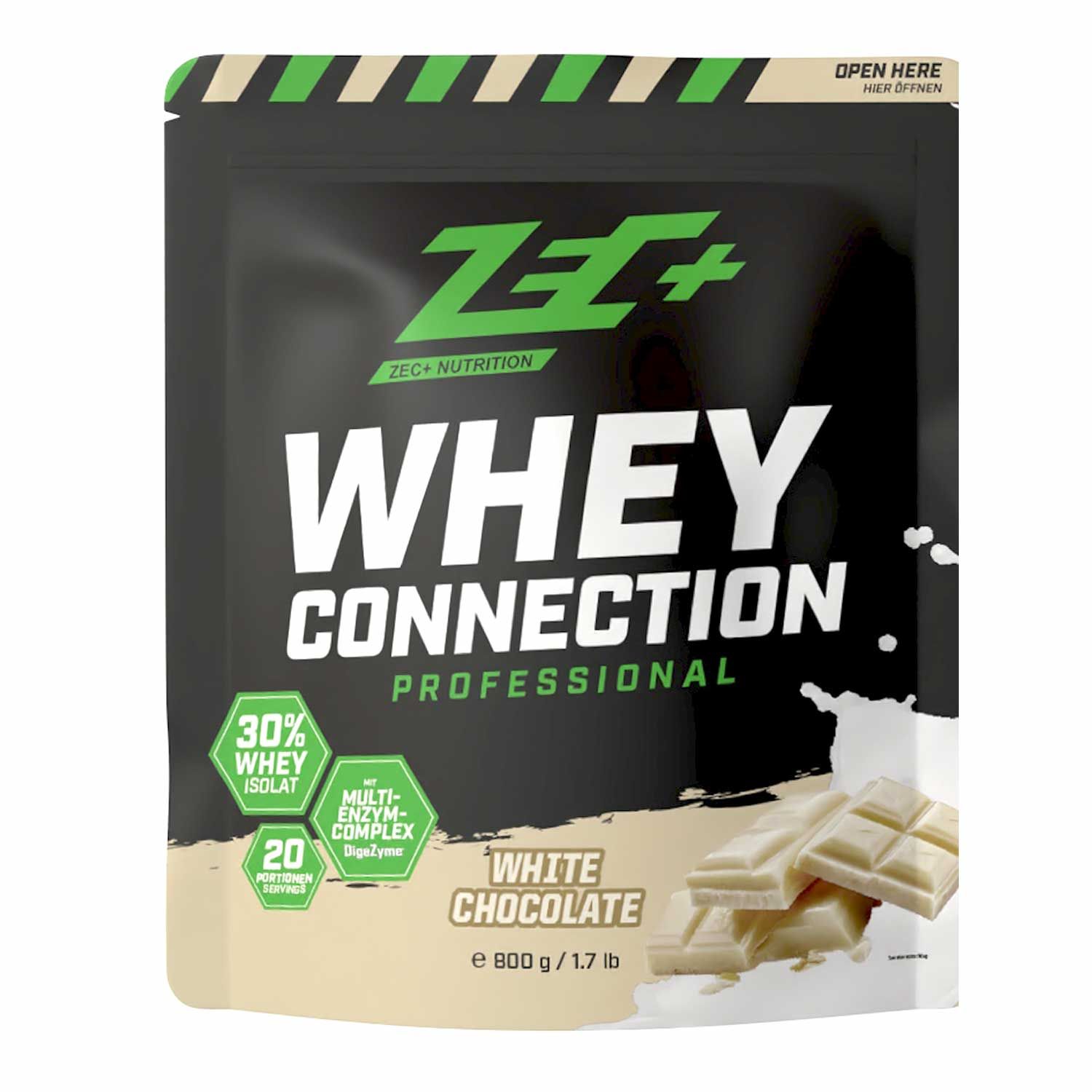 ZEC+ Whey Connection Professional, weiße Schokolade. Schwarze Verpackung mit Produktbild und Text. Enthält 30% Whey Isolat.