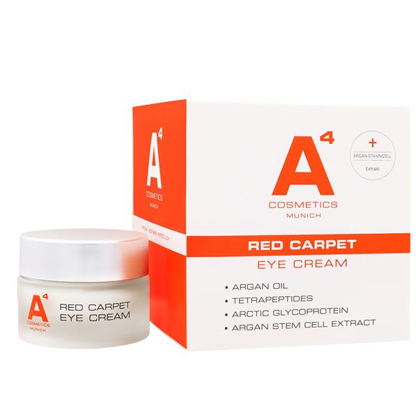 Cremebehälter und Verpackung. Aufschrift: A4 Cosmetics, Red Carpet Eye Cream. Inhaltsstoffe.
