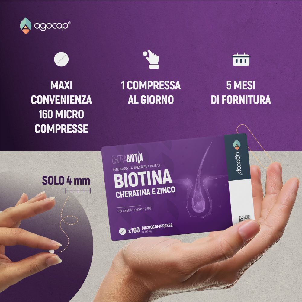 Mano che tiene una compressa. Testo: Massima convenienza, 160 microcompresse, 1 compressa al giorno, 4 mm, 5 mesi.