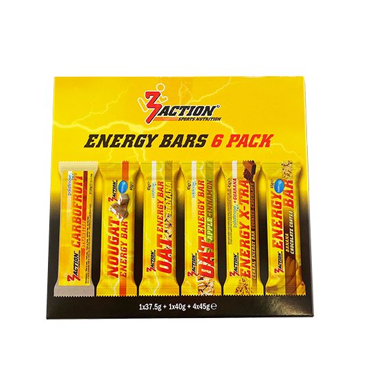 Verpackung mit sechs Energieriegeln. Aufschrift: 3Action Energy Bars 6 Pack. Verschiedene Geschmacksrichtungen sind sichtbar.