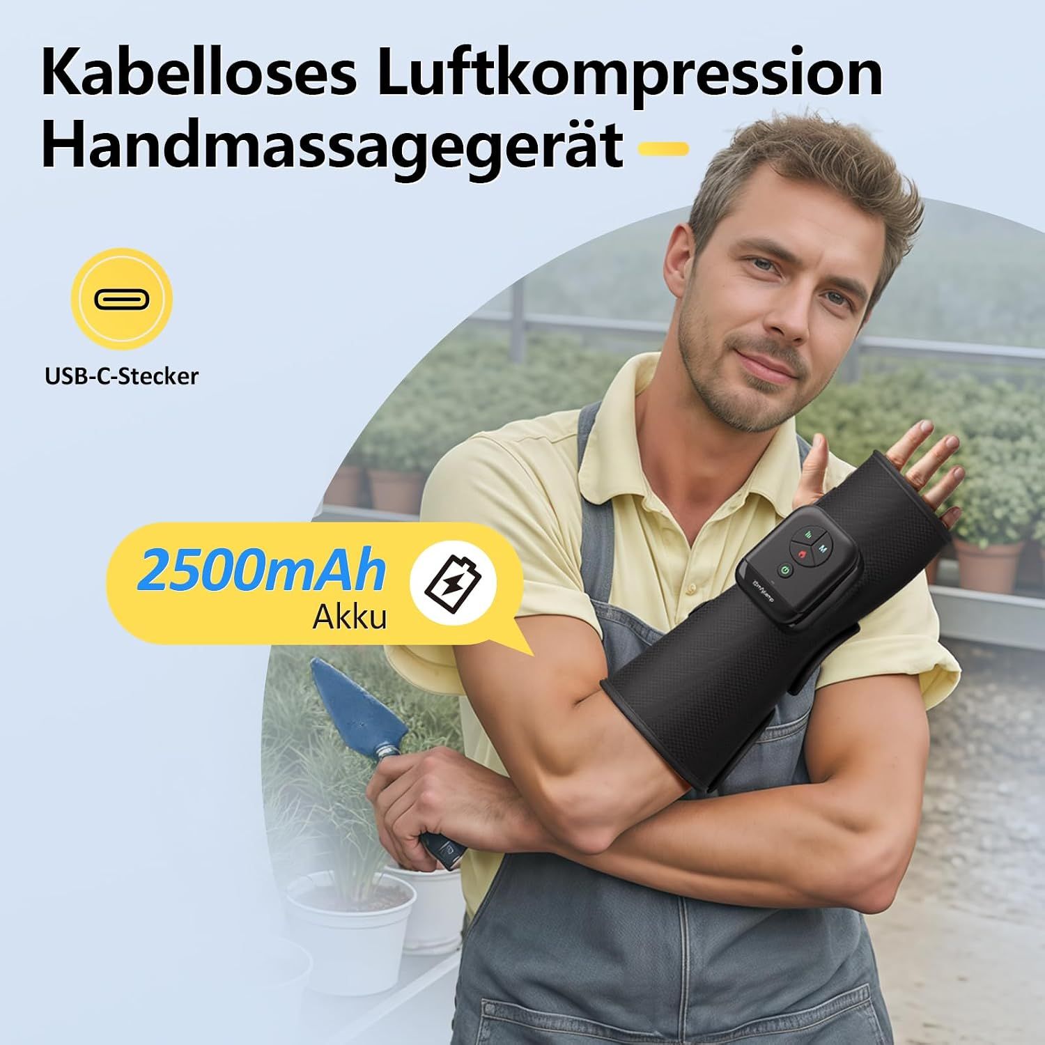 Mann mit kabellosem Handmassagegerät mit Luftkompression, USB-C und 2500mAh Akku.