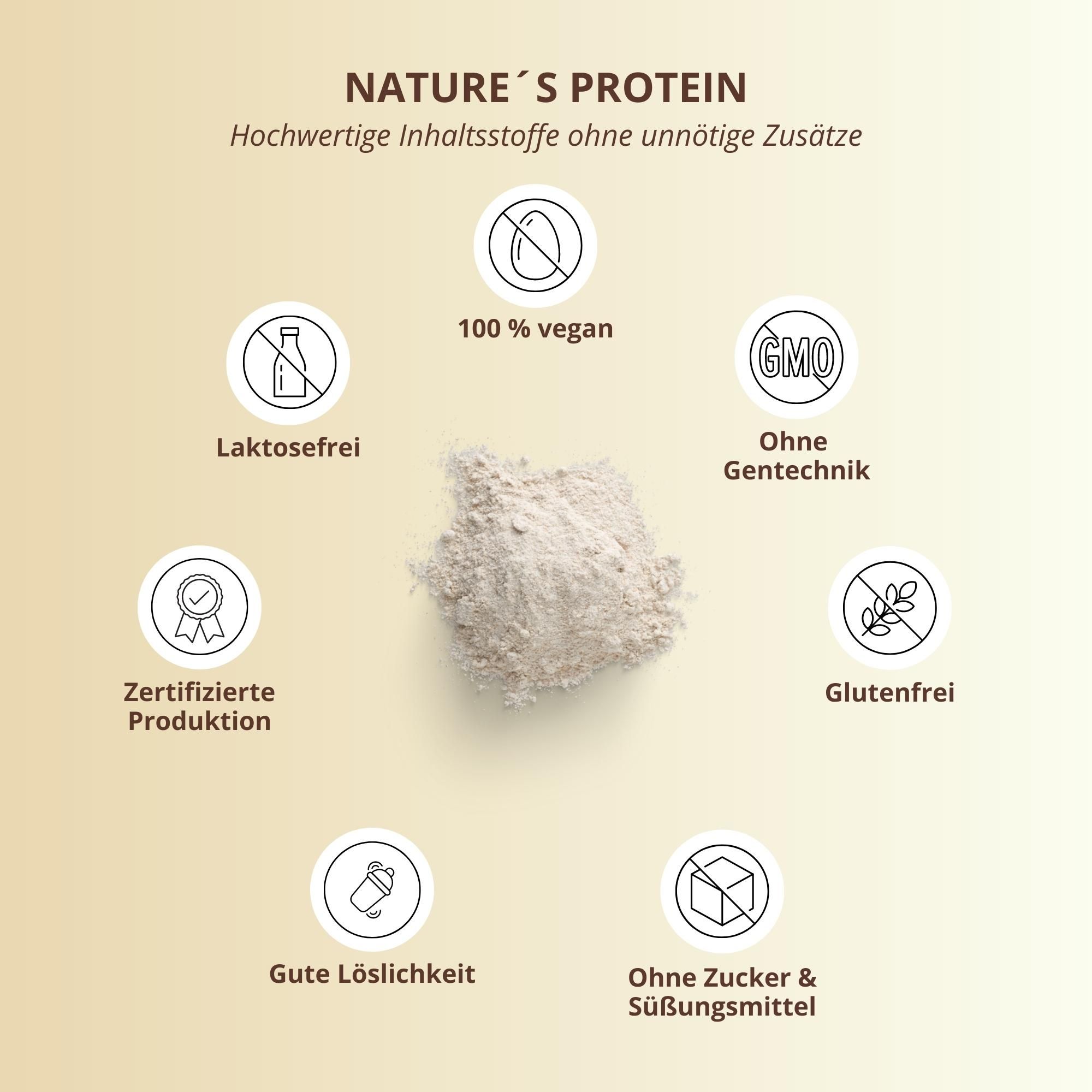 Kreisförmige Anordnung von Symbolen. Text: Hochwertige Inhaltsstoffe ohne unnötige Zusätze. 100% vegan, laktosefrei, glutenfrei.
