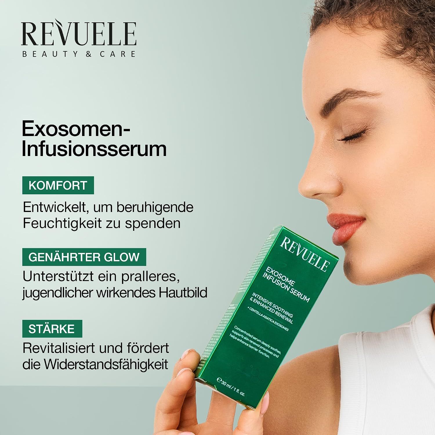 Frau mit Revuele Exosome Infusion Serum: Komfort, Glow und Stärke.