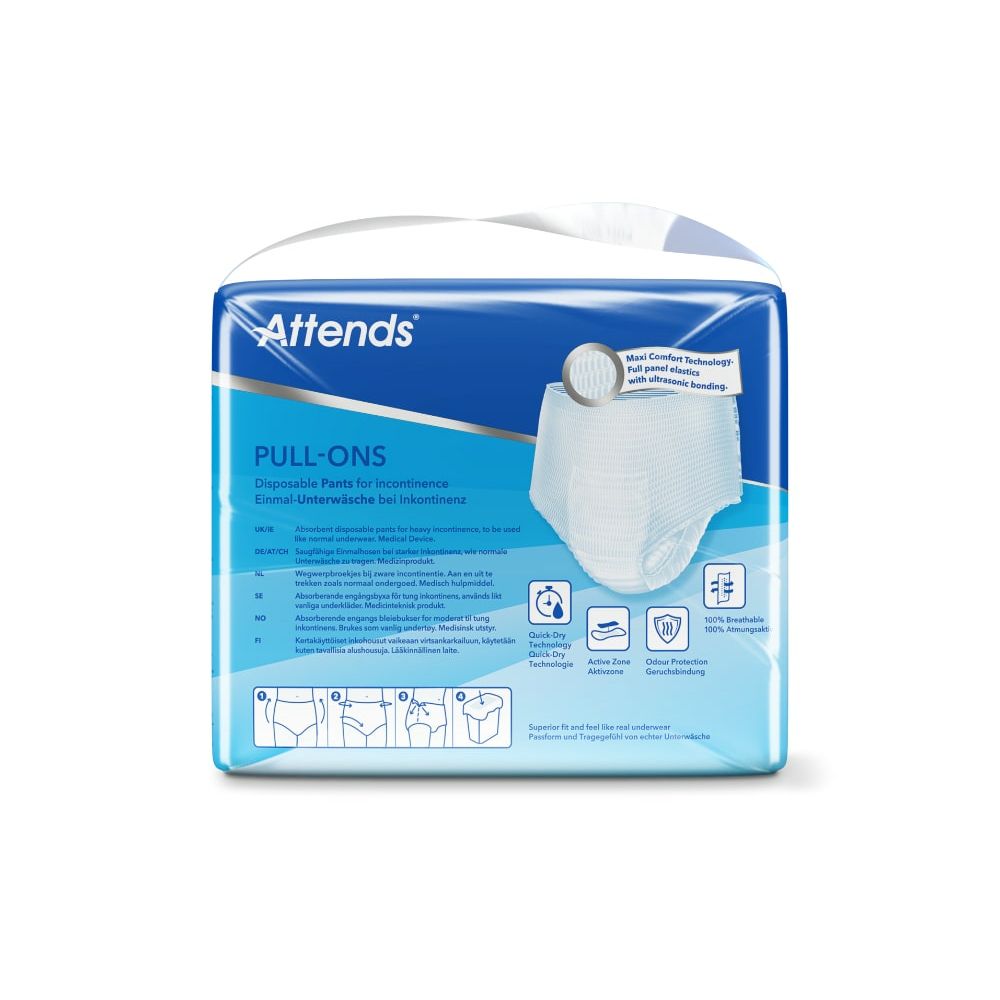 Attends® Pull-Ons XL Verpackung. Blaue Verpackung mit Produktabbildung und Logo. Informationen zu Saugfähigkeit und Eigenschaften.