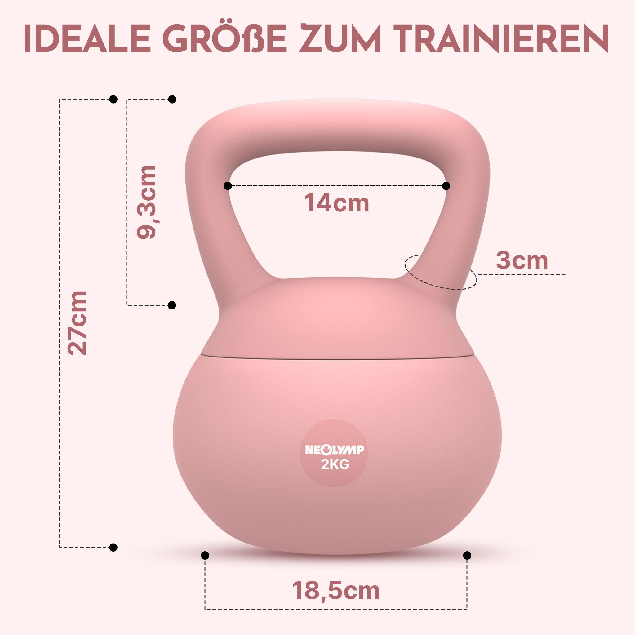 Rosa Kettlebell (2 kg) mit Maßen: 27cm Höhe, 18,5cm Breite, 14cm Griffbreite, 9,3cm Griffhöhe, 3cm Griffdicke.