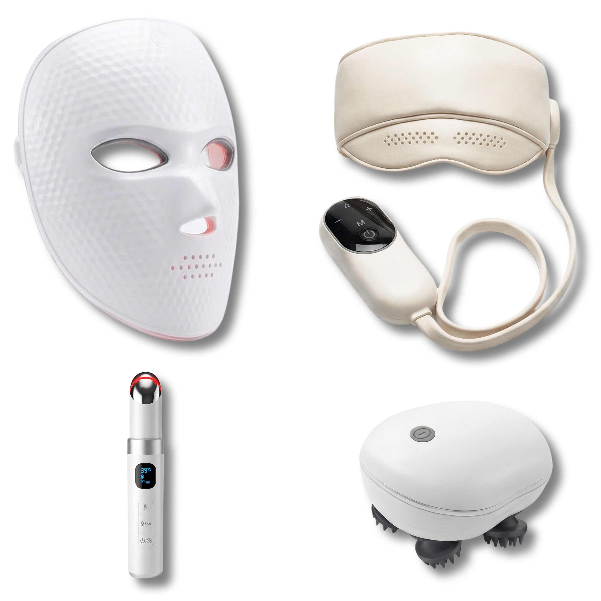 LED-Gesichtsmaske, Augenmaske, Augenpflege-Stift und Körpermassager. Alle weiß. Verschiedene Formen und Größen.