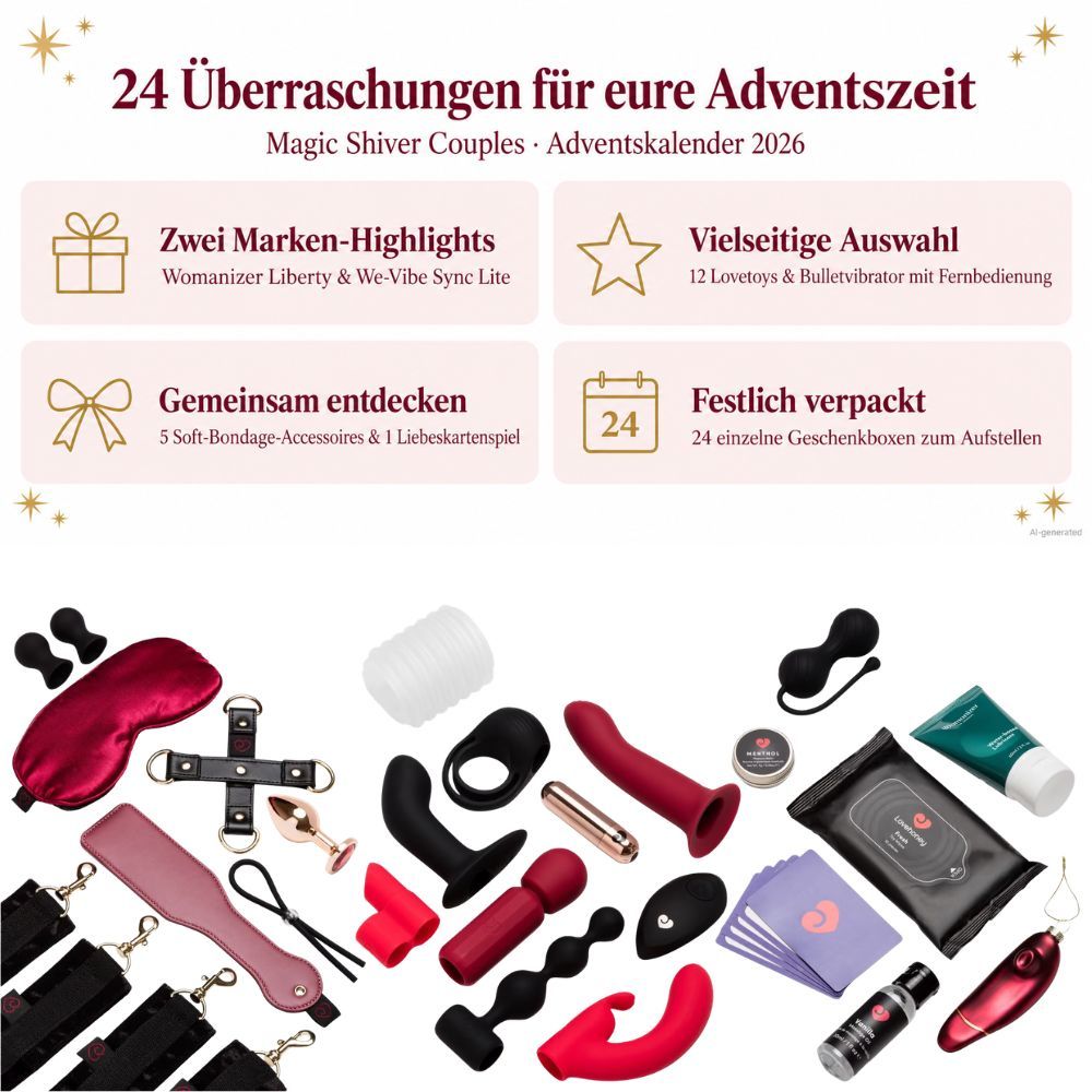 Ein Adventskalender mit der Aufschrift 'Magic Shiver Couples' und der Zahl 24, geöffnet.