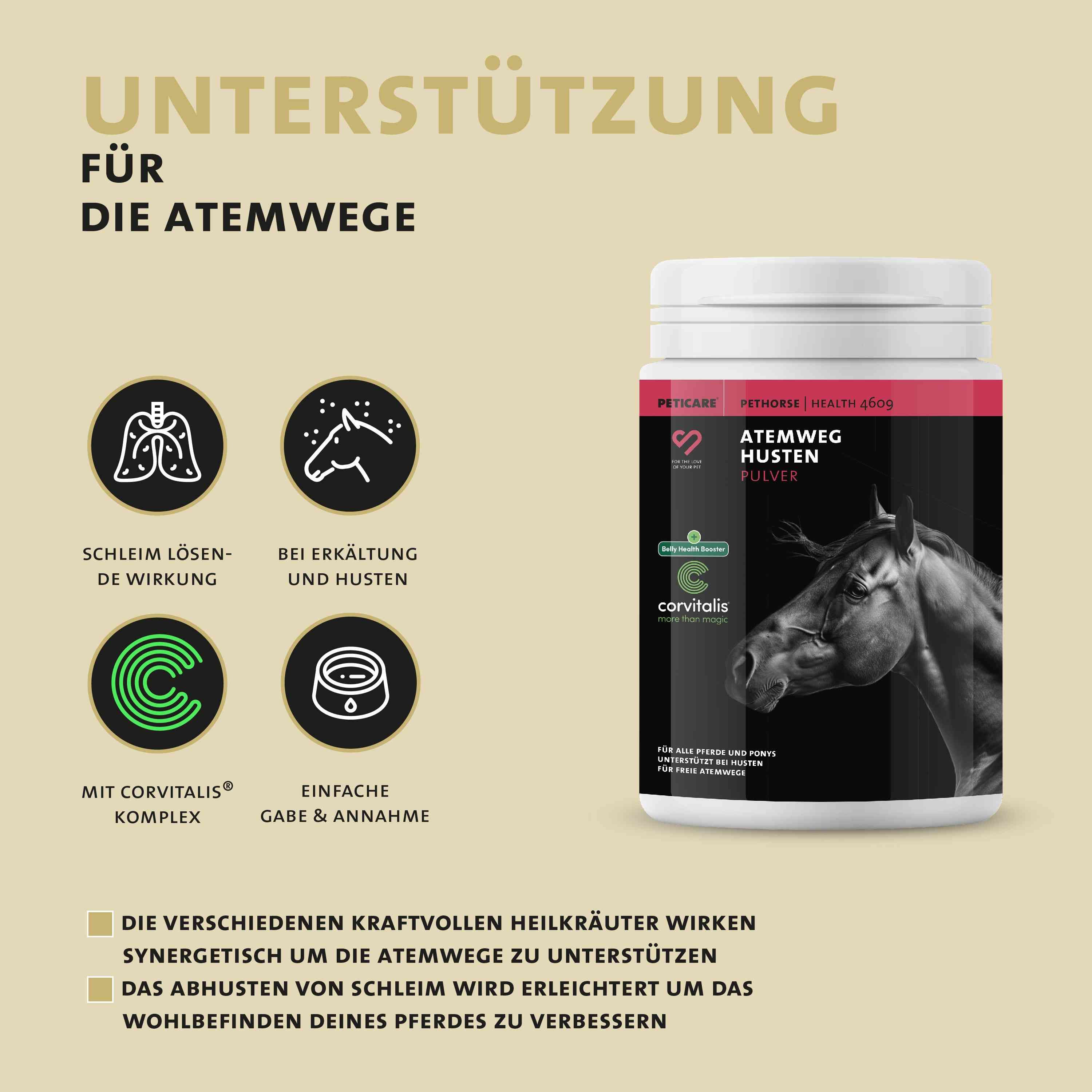 Produktglas mit Text: Atemweg Husten Pulver. Text: Unterstützung für die Atemwege. Corvitalis Komplex.