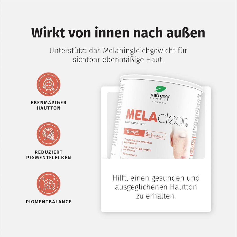 Produkt MELAclear in weißer Verpackung. Text: Ebenmäßiger Hautton, Reduziert Pigmentflecken, Pigmentbalance.