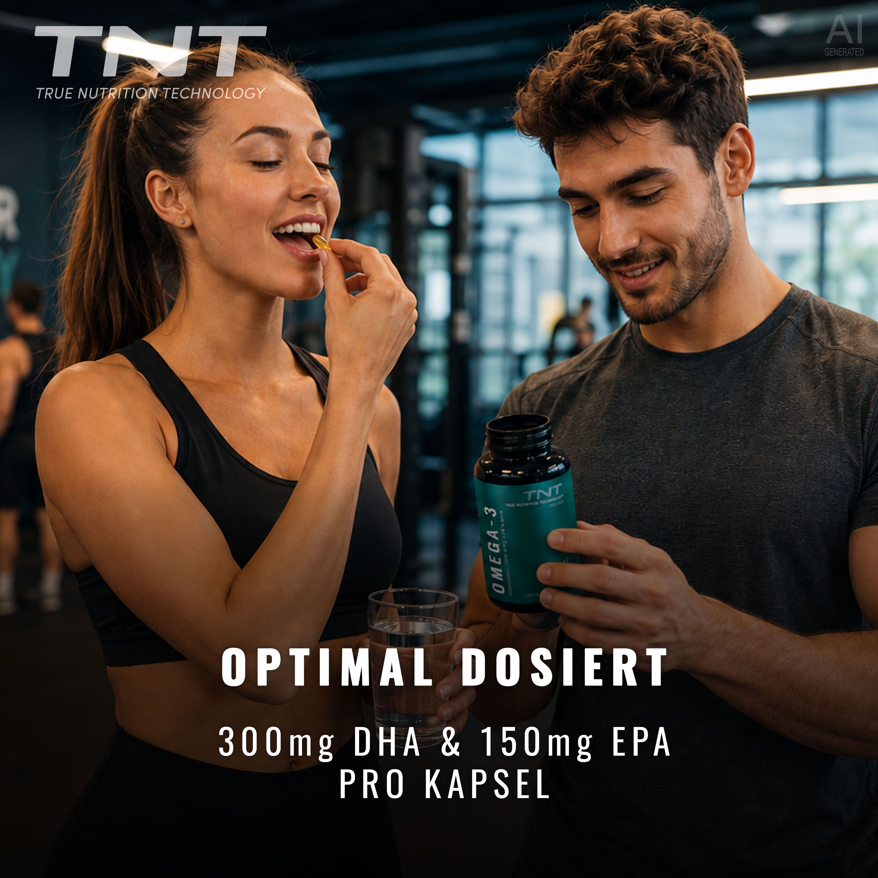 Mann und Frau nehmen TNT Omega-3 Algenöl Kapseln in einem Fitnessstudio ein.
