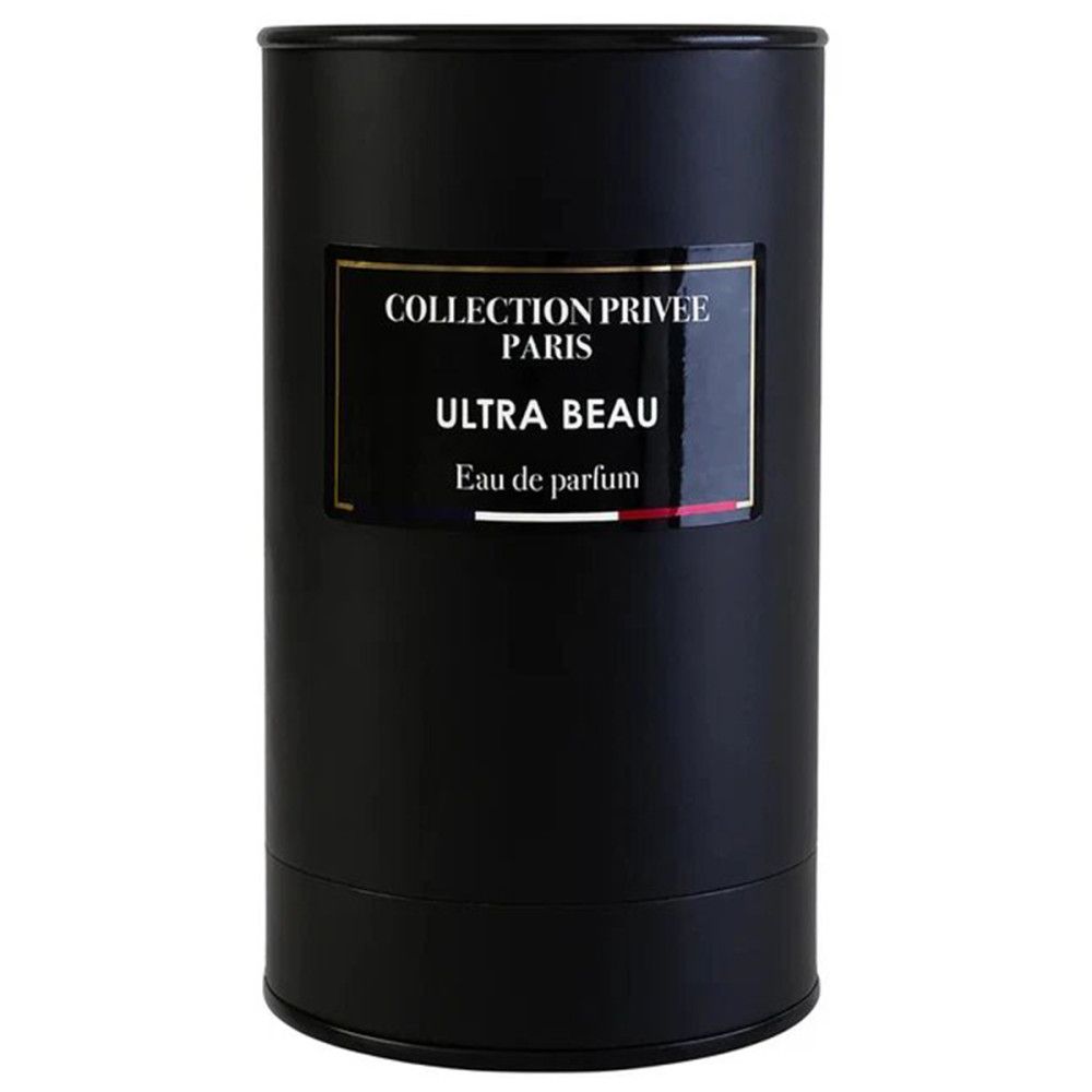 Zylindrische, schwarze Verpackung mit Etikett: Ultra Beau Eau de parfum. Goldfarbene Schrift und rote Linie.