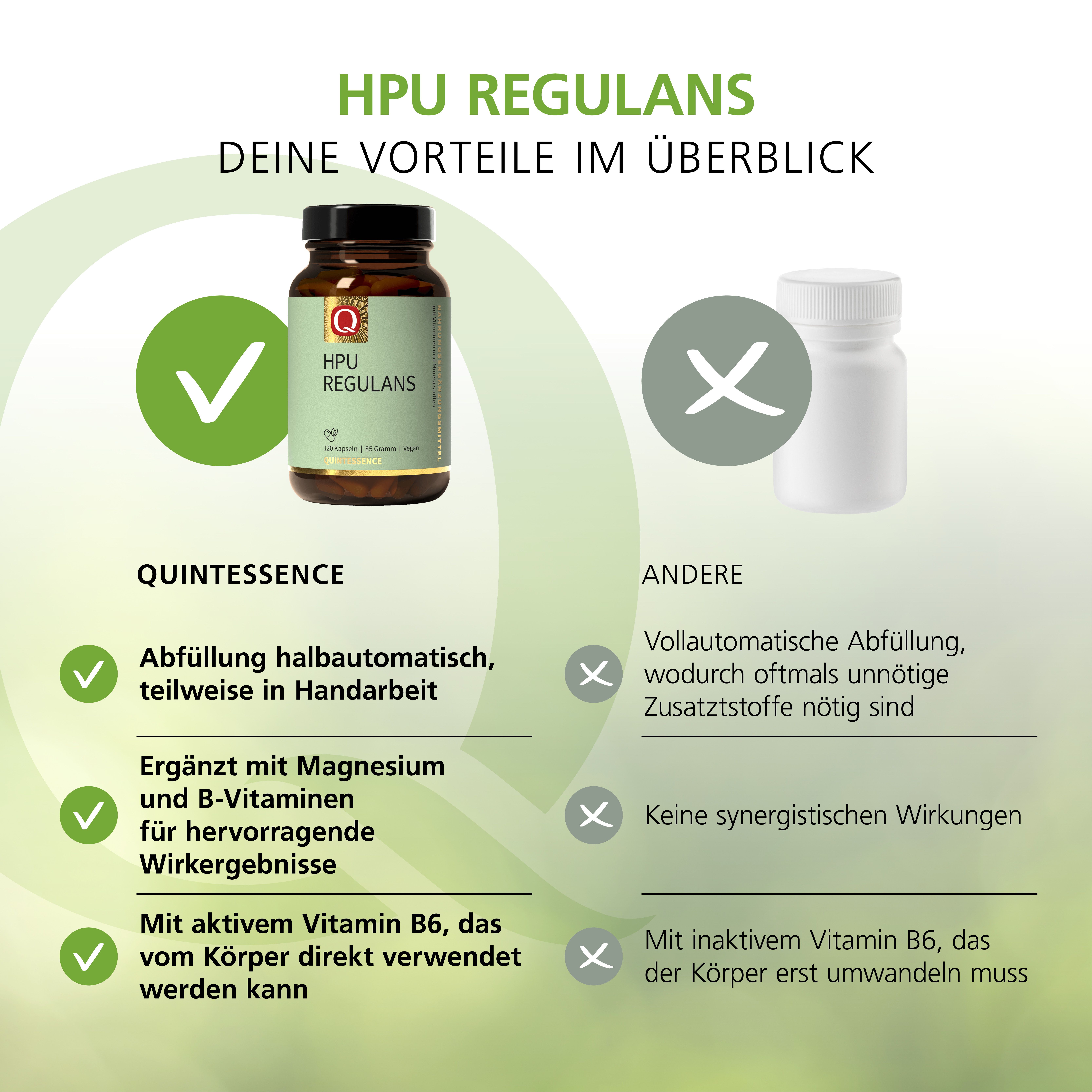 Vergleich: HPU Regulans Flasche vs. andere. Vorteile: halbautomatische Abfüllung, Magnesium, B-Vitamine, aktives Vitamin B6. Nachteile: vollautomatische Abfüllung, inaktives Vitamin B6.