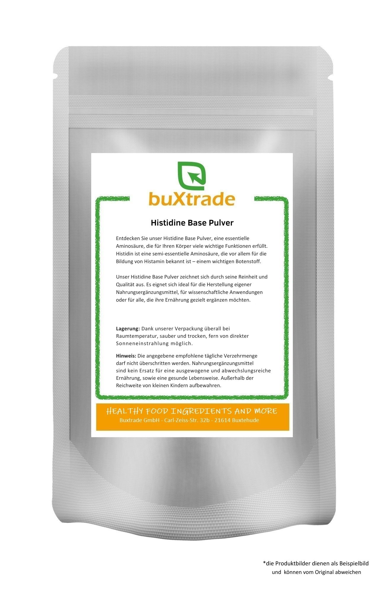 Beutel mit Histidin Base Pulver. Aufschrift: buXtrade, Histidine Base Pulver. Text in Grün und Orange. Produktbild dient als Beispiel.