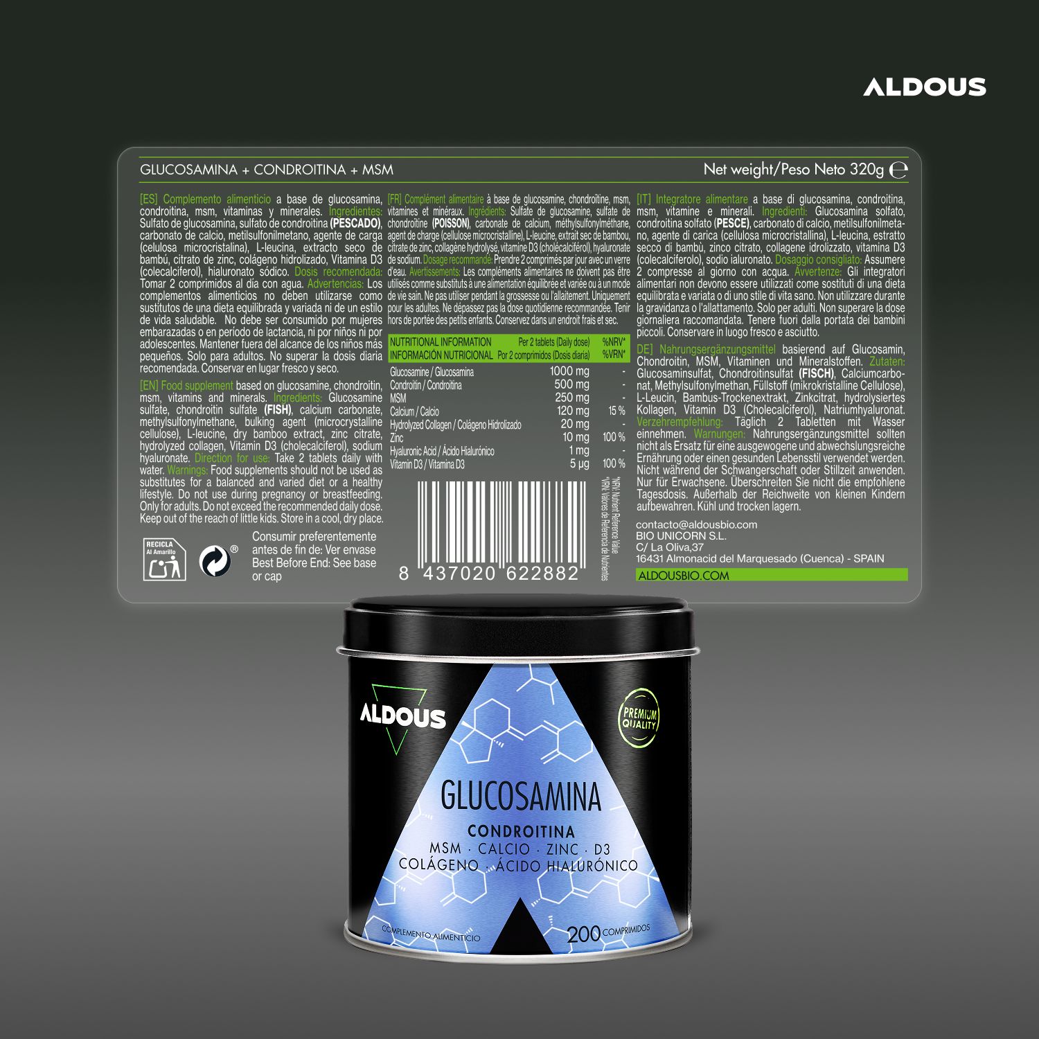 Aldous Glucosamina Dose mit 200 Tabletten. Etikett mit detaillierten Inhaltsstoffen, Nährwerten, Barcode und Produktinformationen. Hergestellt in Spanien.