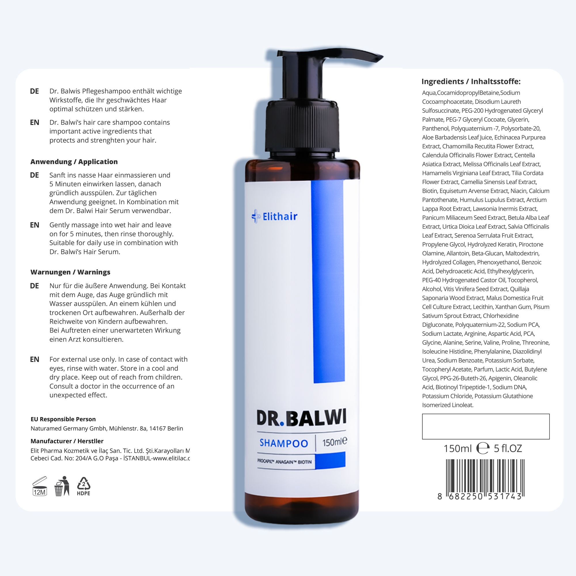 Shampooflasche mit Etikett. Text: DR. BALWI SHAMPOO. Inhaltsstoffe und Anwendungshinweise auf dem Etikett.