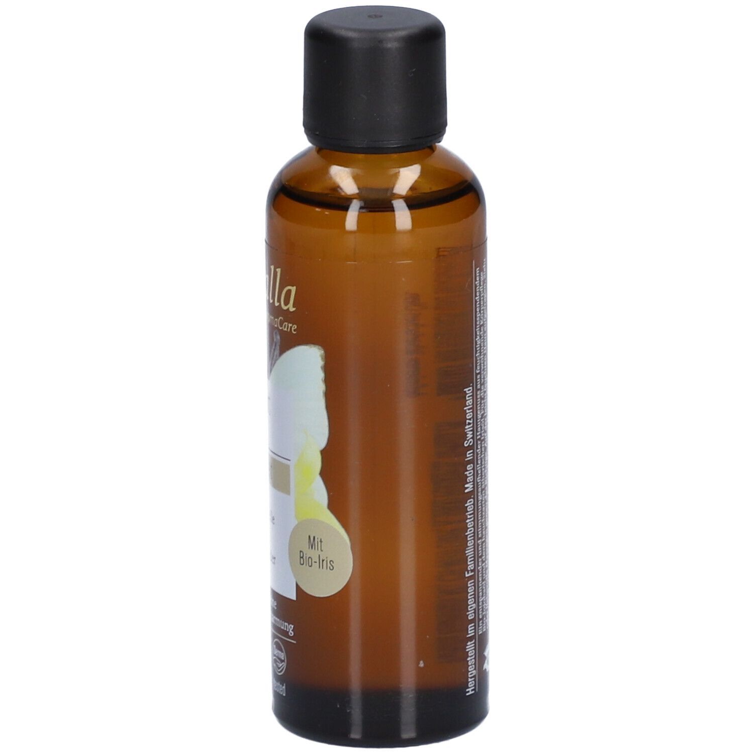 Braune Glasflasche mit schwarzem Schraubverschluss, gefüllt mit gelblicher Flüssigkeit. Etikett mit "Mit Bio-Iris".
