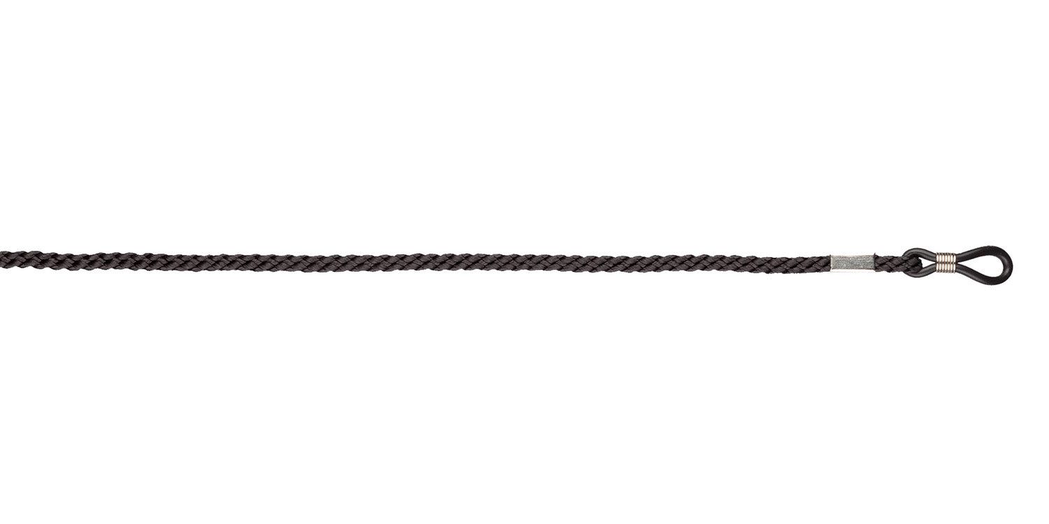 Dunkles Brillenband. Geflochtenes Textilband mit Metallanschluss und Schlaufe. Für Brillenbügel.