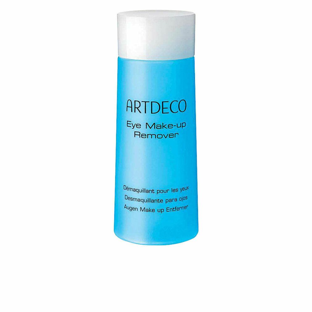 Zylindrische Flasche mit blauem Inhalt und weißem Deckel. Aufschrift: ARTDECO Eye Make-up Remover. Mehrsprachige Beschriftung.
