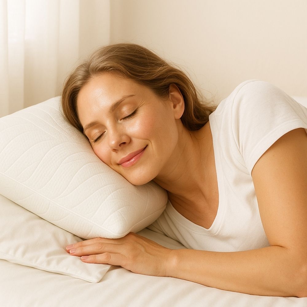 Frau schläft auf einem weißen Kissen. Das Kissen ist rechteckig und hat eine strukturierte Oberfläche. Die Frau trägt ein weißes T-Shirt.