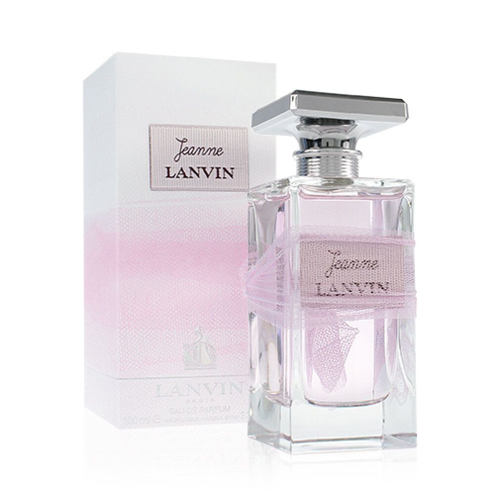 Glasflakon und Verpackung. Flakon mit rosa Flüssigkeit. Verpackung weiß mit rosa Farbverlauf. Aufschrift: Jeanne LANVIN.