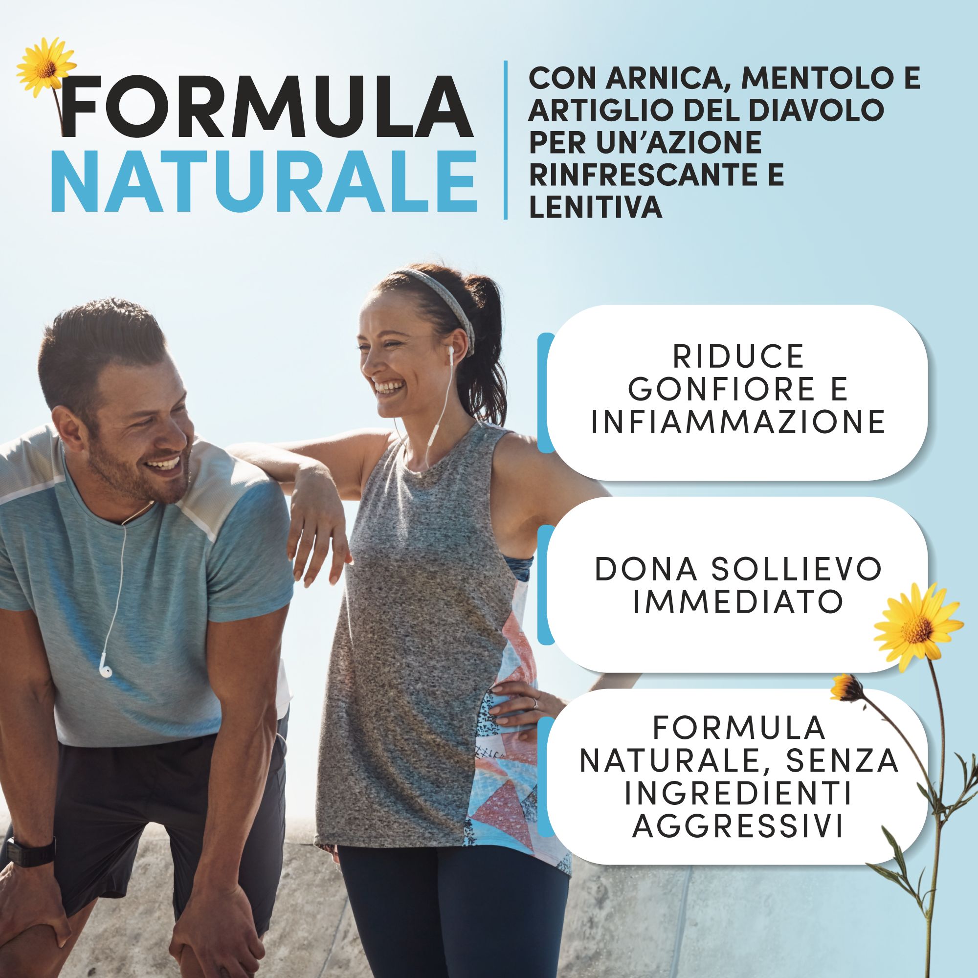 Werbung für ein Gel. Text: Formel Natural, mit Arnika, Menthol und Teufelskralle. Reduziert Schwellungen, lindert sofort und ist ohne aggressive Inhaltsstoffe.