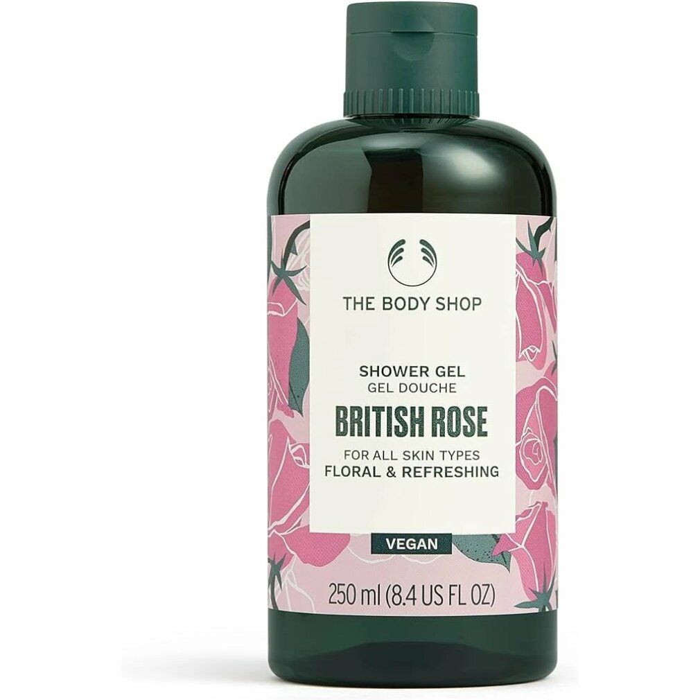 Duschgel-Flasche mit Etikett. Aufschrift: British Rose, für alle Hauttypen, vegan. Grüne Kappe und Flasche, weißes Etikett mit Rosenmuster.