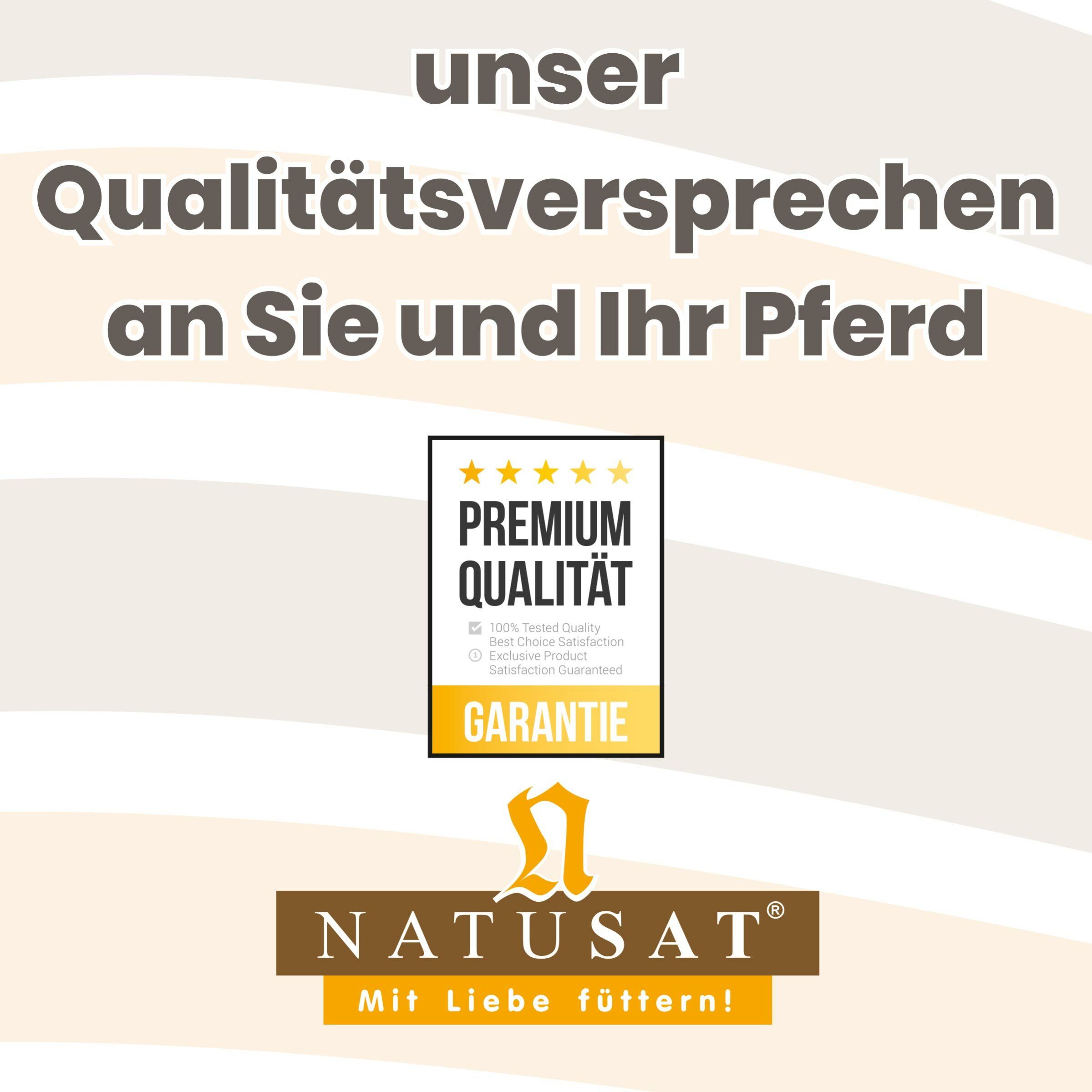 Werbung mit Text und Logo. Text: Unser Qualitätsversprechen, Premium Qualität, Garantie, Natusat, Mit Liebe füttern!