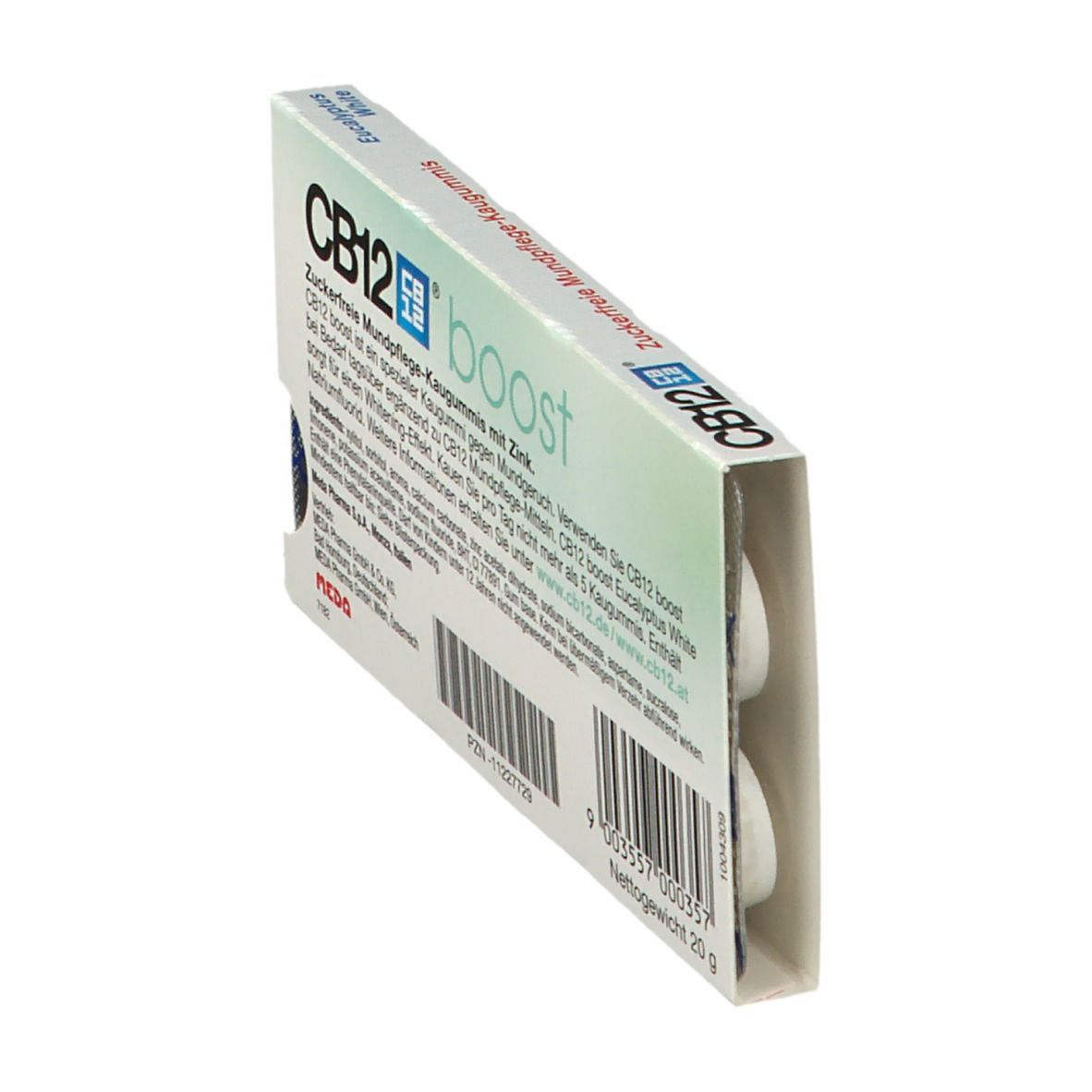 CB12 boost Kaugummi-Packung, schräg von der Seite gesehen. Text: Zuckerfreie Mundpflege-Kaugummis. Nettogewicht 20 g.