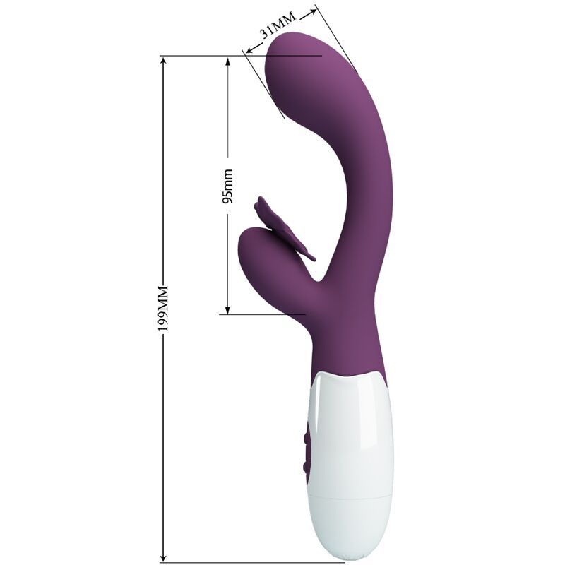 Vibrator mit Maßen: 199mm hoch, 95mm breit, 31mm Kopfbreite. Lila und weiß. Schmetterlingsdesign.