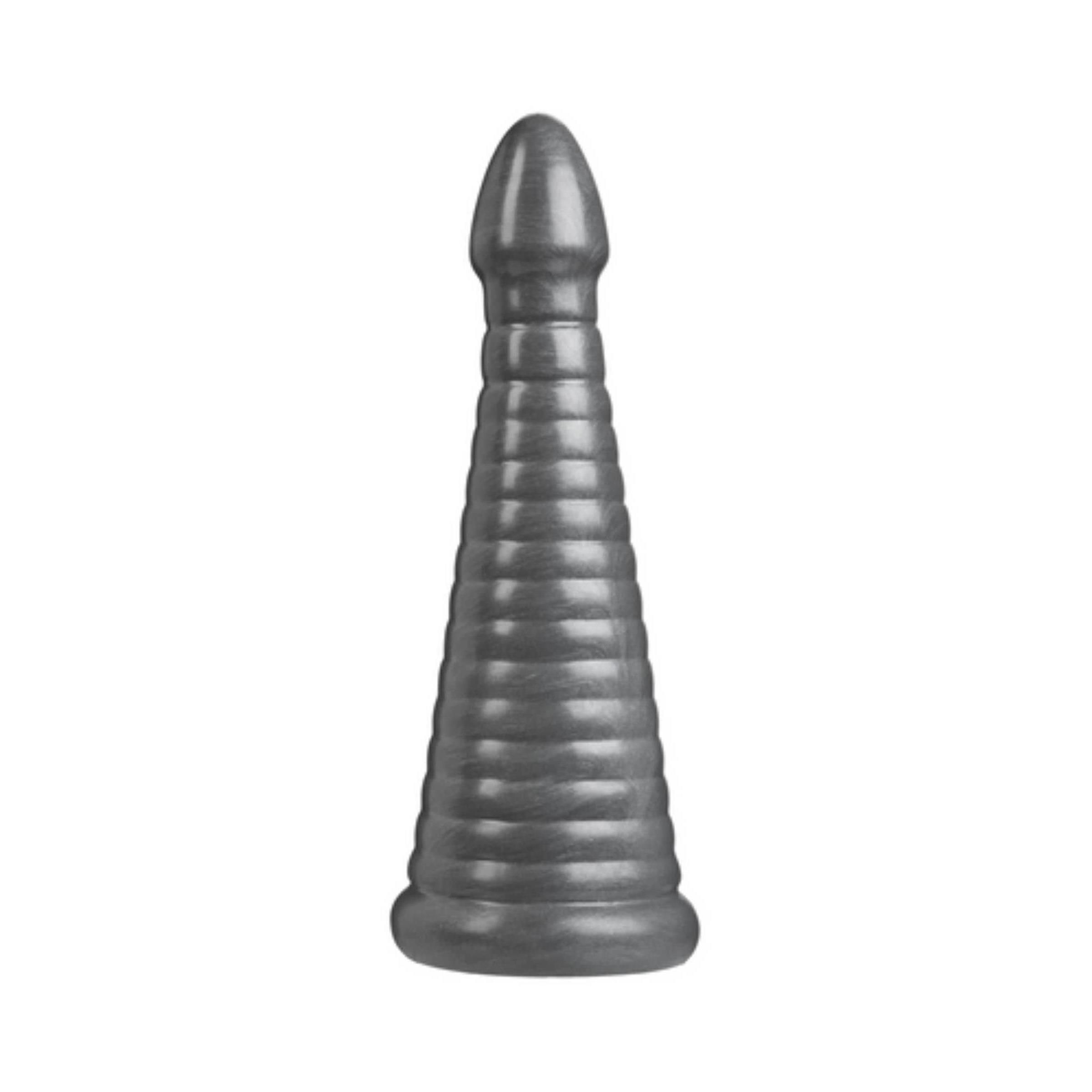 Grauer Butt Plug. Konische Form mit geriffelter Oberfläche. Abgerundete Spitze und breite Basis.