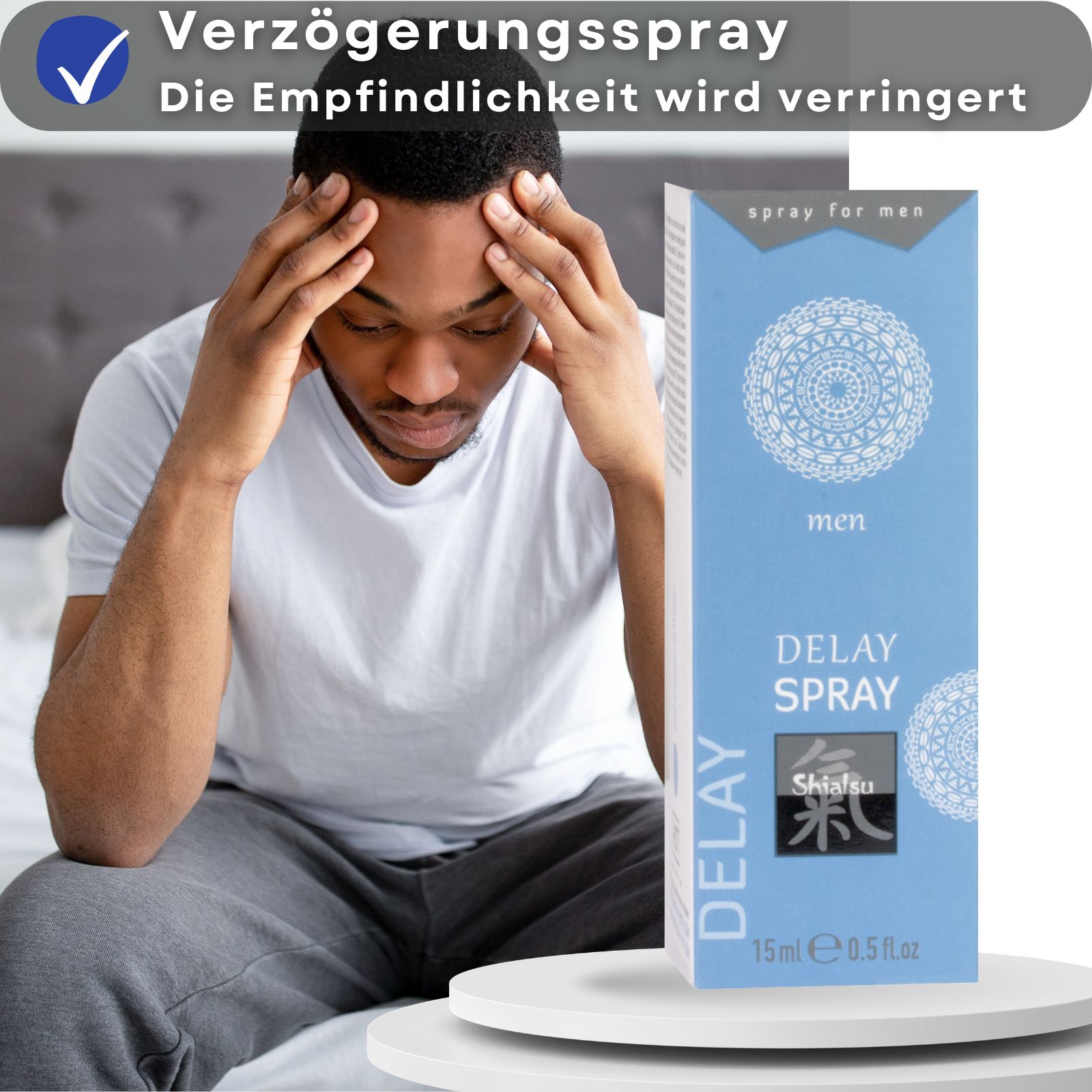 Sprühflasche und Paar. Aufschrift: DELAY SPRAY, Shiatsu. 15ml. Für Männer. Mandala-Design.
