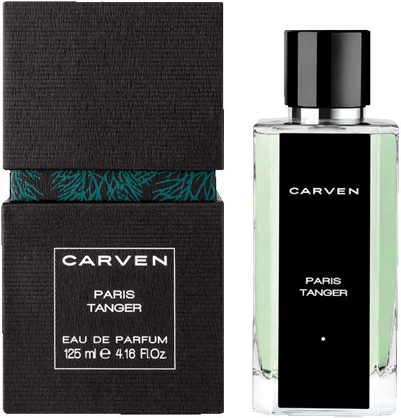 Flakon und Verpackung von Carven Paris Tanger. Schwarze Verpackung mit weißem Logo. Flakon mit schwarzem Deckel und grünem Inhalt.