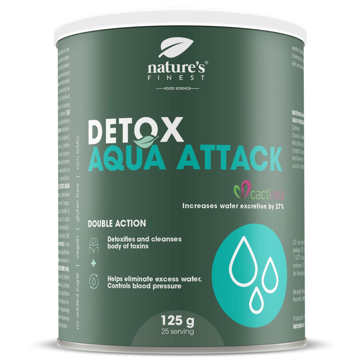 Dose Nature's Finest Detox Aqua Attack. Grün-weißes Design. Text: Detox Aqua Attack, 125g, 25 Portionen. Enthält Cactinea.