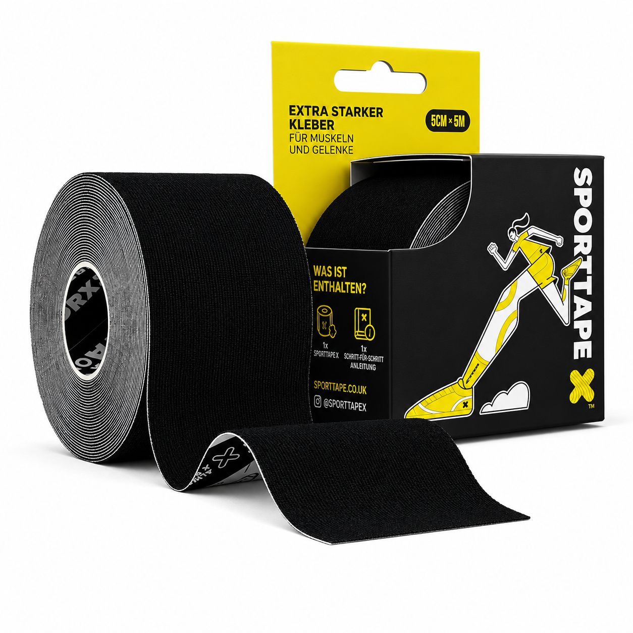 Schwarzes Kinesiologie-Tape Rolle und Verpackung, 5cm x 5m.