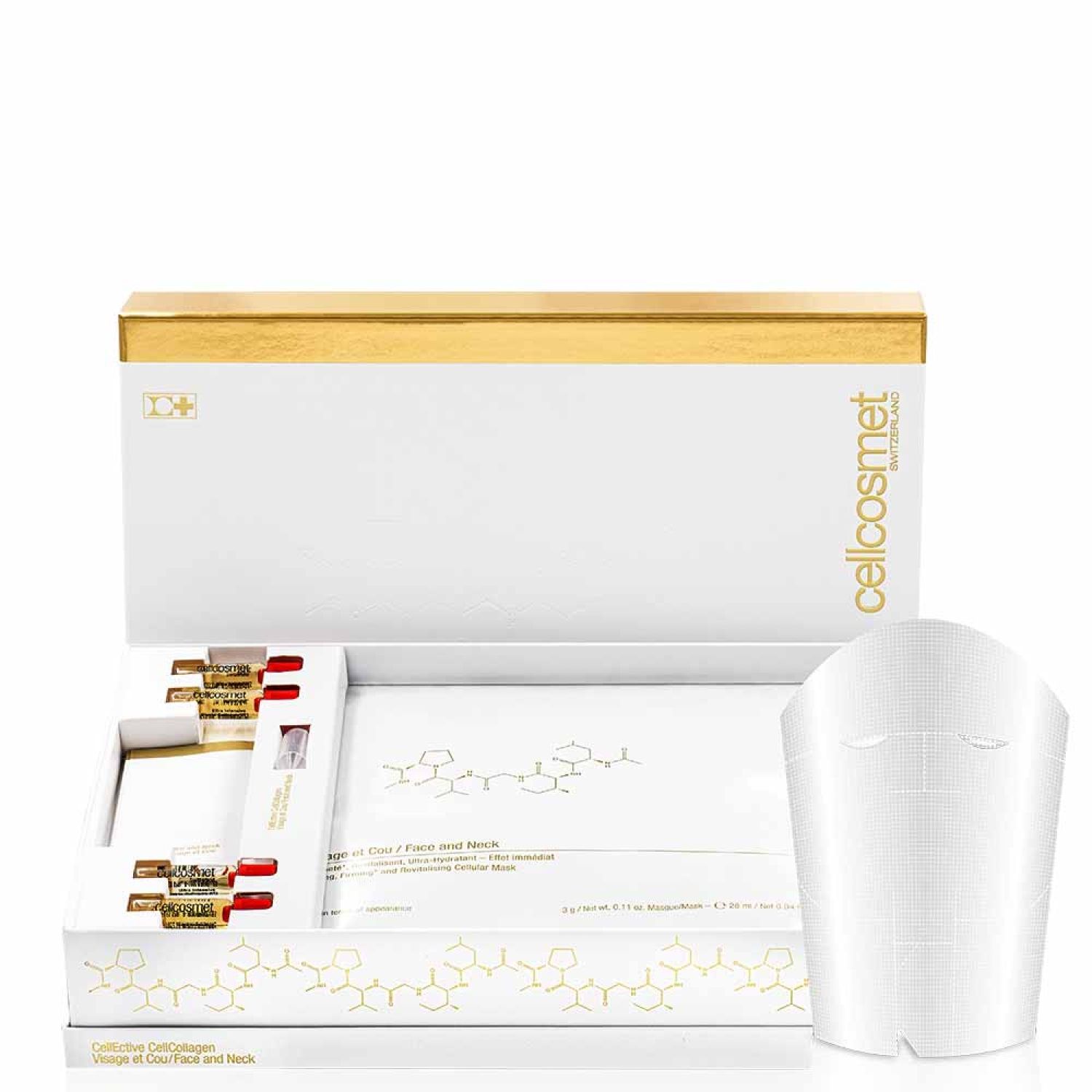Cellcosmet CellEctive Face and Neck Mask. Weiße Maske, Ampullen, goldene Verpackung mit Schriftzug. Chemische Formel auf der Maske.
