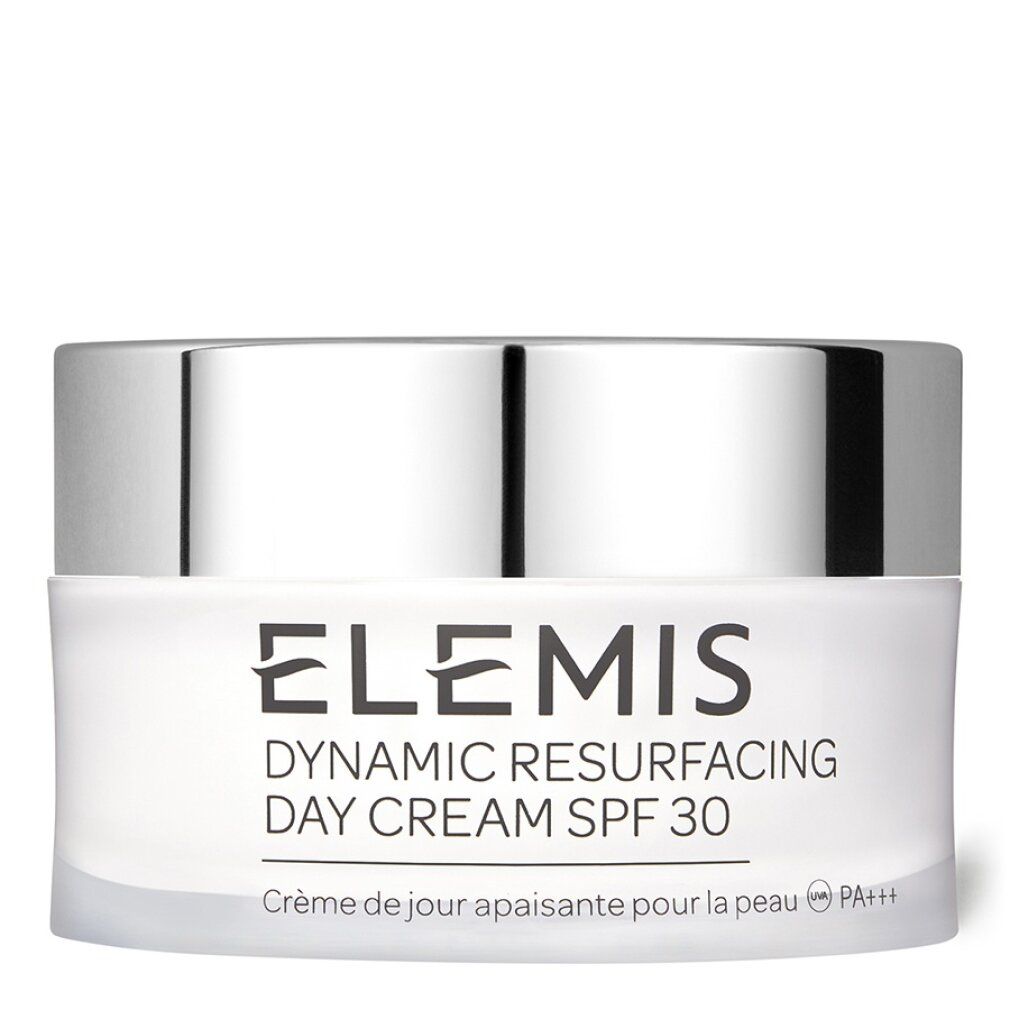 Cremebehälter mit Deckel. Aufschrift: Elemis Dynamic Resurfacing Day Cream SPF 30. Französische Aufschrift: Crème de jour apaisante pour la peau.