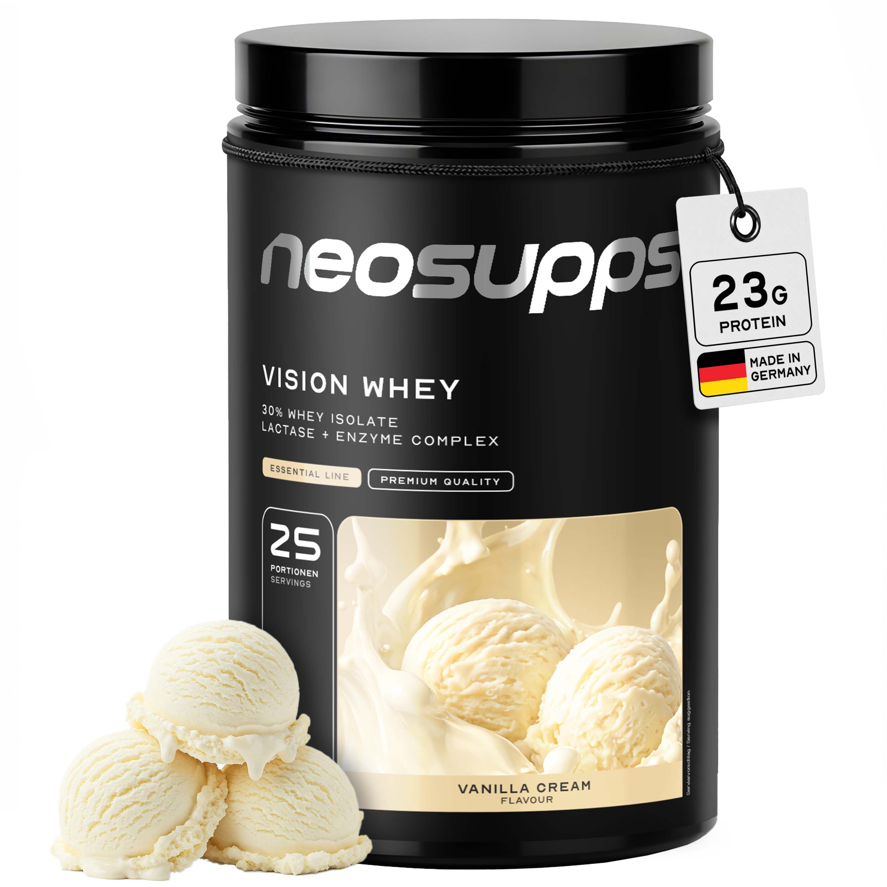 Schwarzer Behälter mit Neosupps Vision Whey Vanilla Cream Protein Pulver. Mit Eiscreme-Kugel-Abbildung.