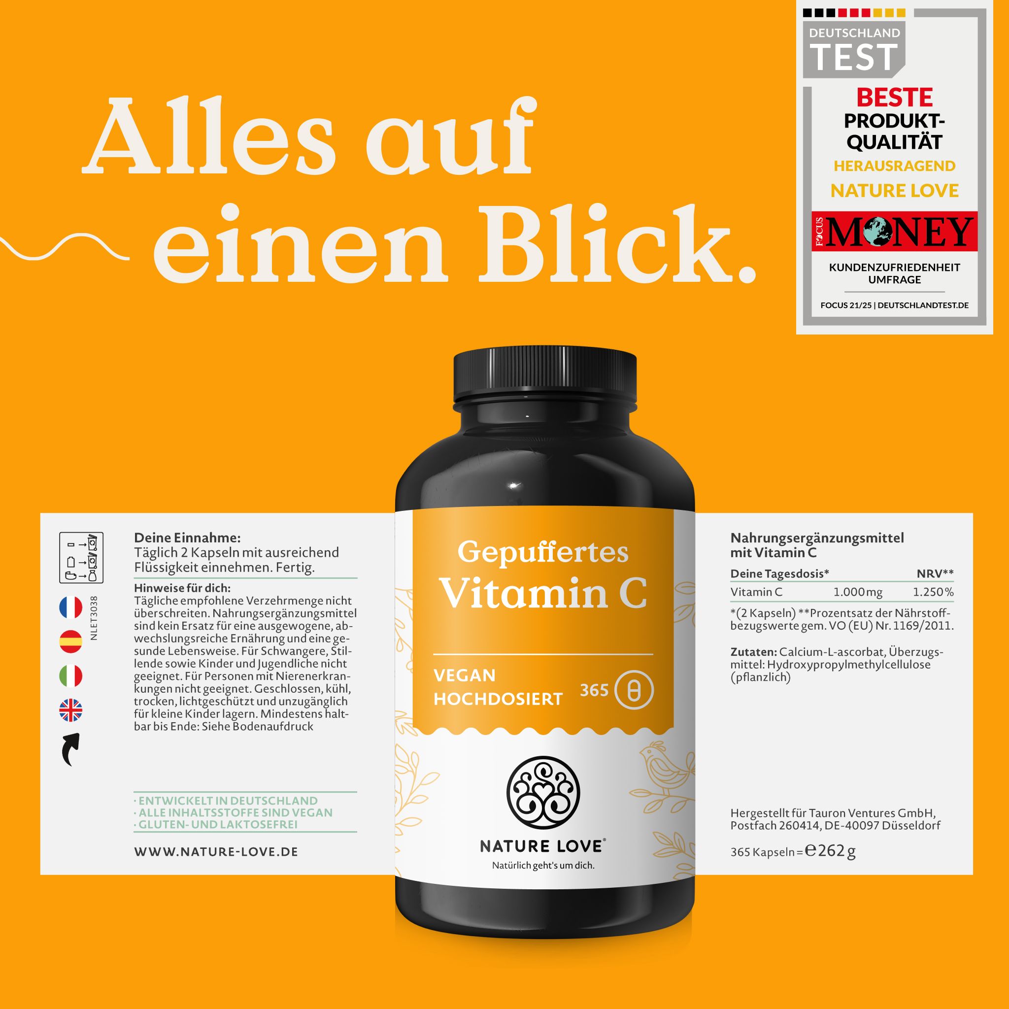 Flasche mit gepuffertem Vitamin C, vegan, hochdosiert. Informationen zu Einnahme, Nährwerten und Inhaltsstoffen.