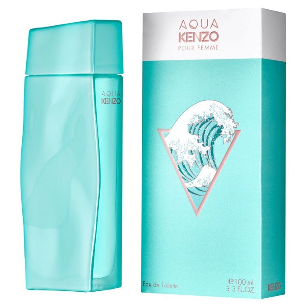 Türkisgrüner Flakon und Verpackung. Verpackung mit Wellenmotiv und Schriftzug AQUA KENZO POUR FEMME.