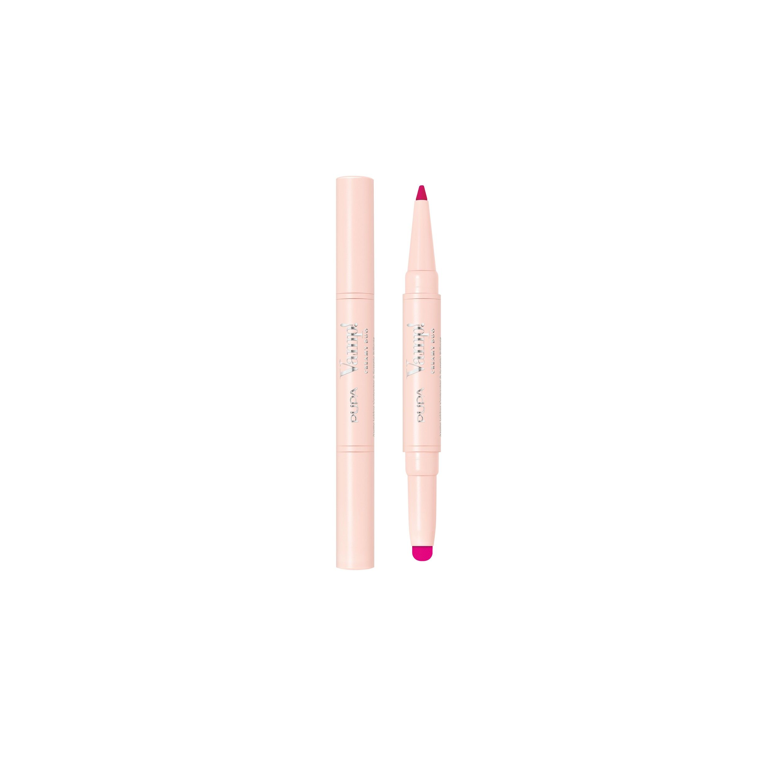 Zwei-Enden-Lippenstift in hellem Rosa, ein Ende mit Kappe, das andere mit Lipliner und Lippenstift.