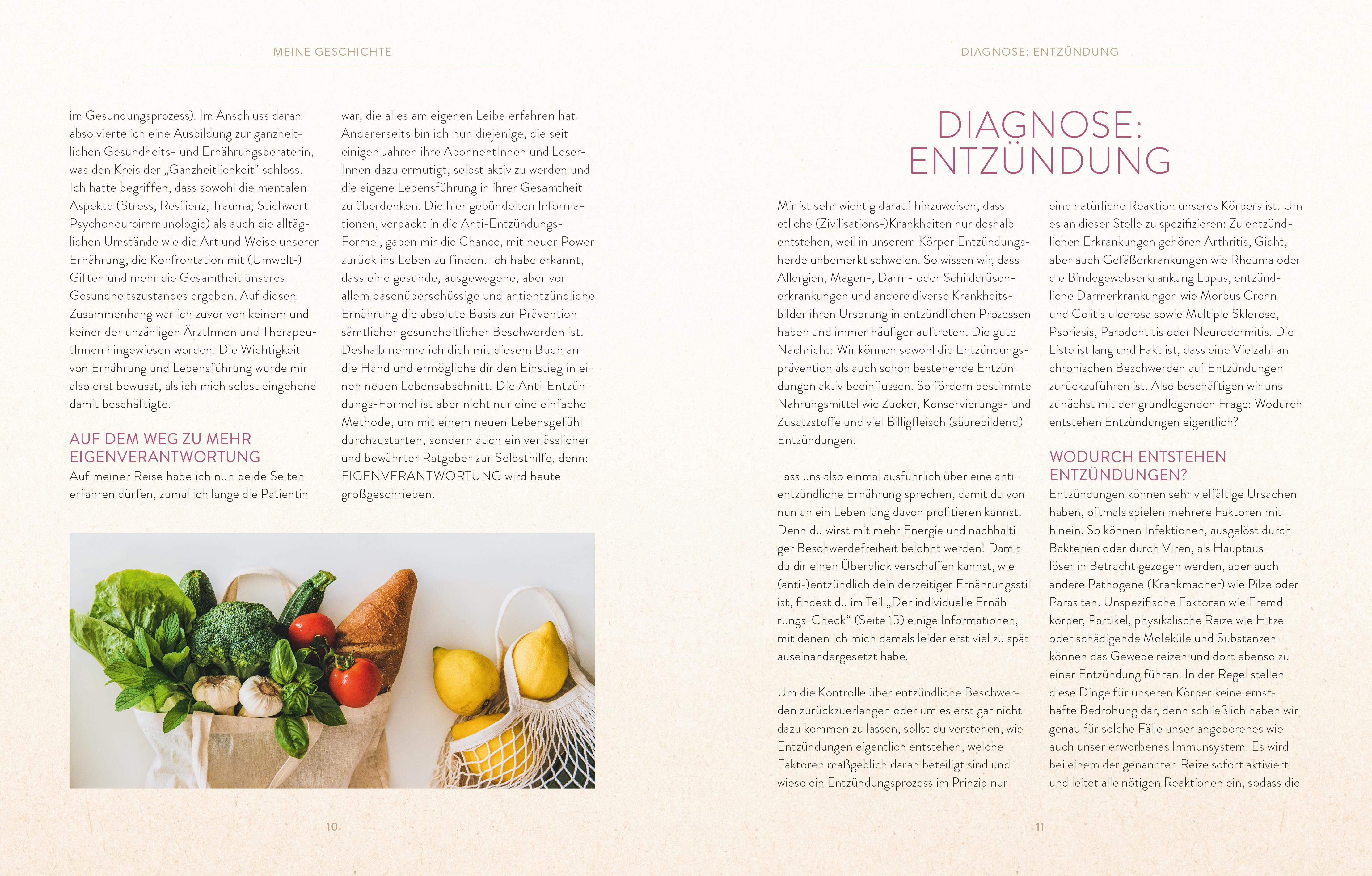Buchseite mit Text und Illustrationen von Lebensmitteln. Überschrift: 'Diagnose: Entzündung'. Text in deutscher Sprache.