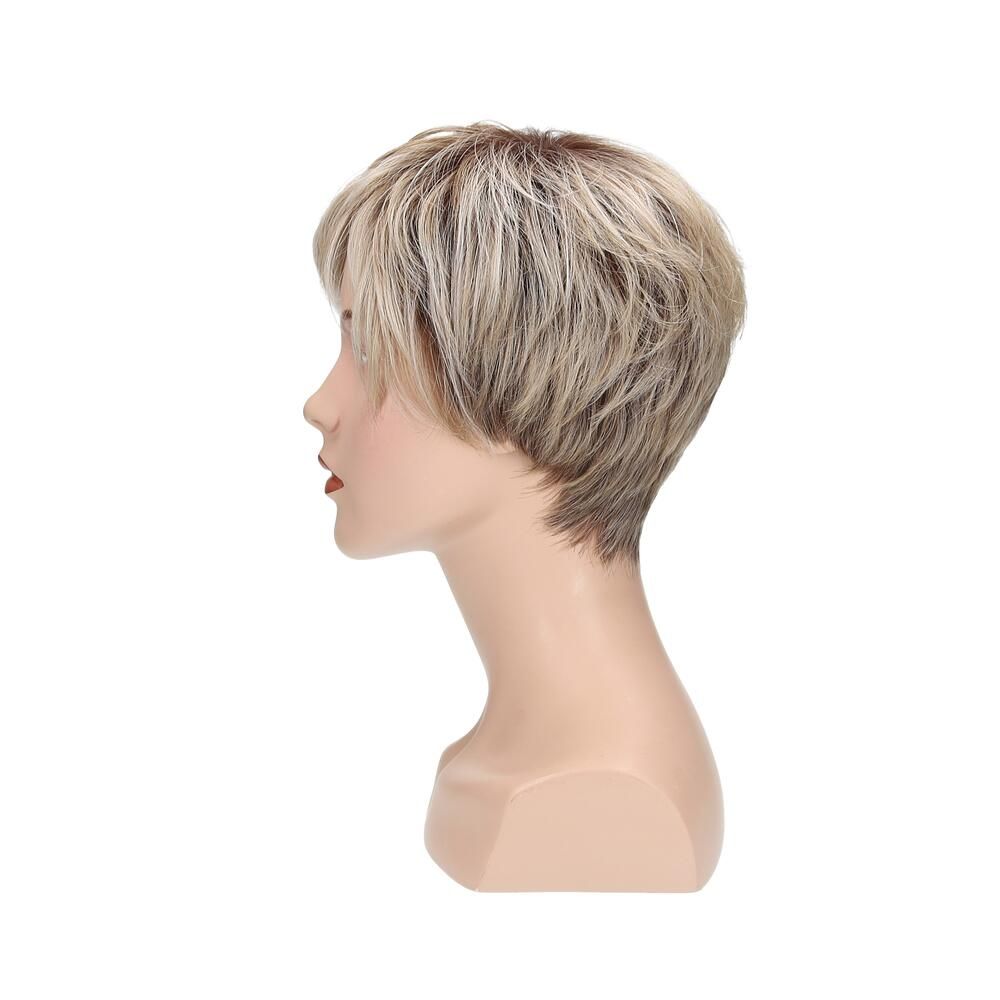 Perücke Magnolie von Lofty. Kurzer, blond-brauner Bob-Schnitt auf einer Schaufensterpuppe. Seitenansicht, Blick nach links.