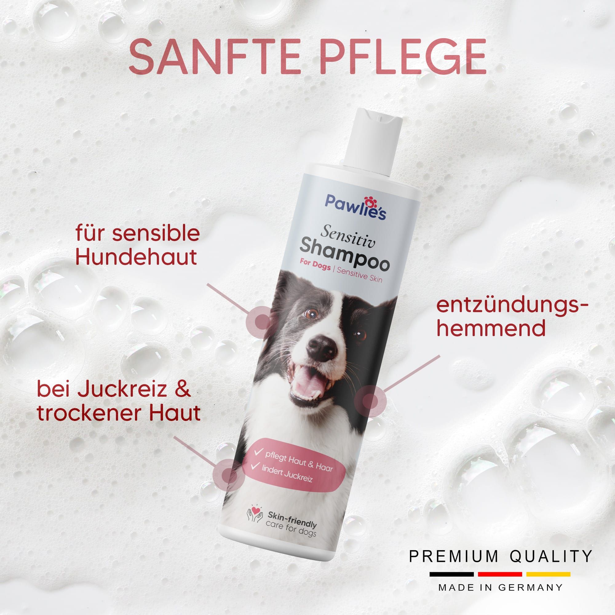Hundeshampoo-Flasche in Seifenblasen. Text: Sanfte Pflege, für sensible Haut, bei Juckreiz & trockener Haut, entzündungshemmend. Premium Qualität.